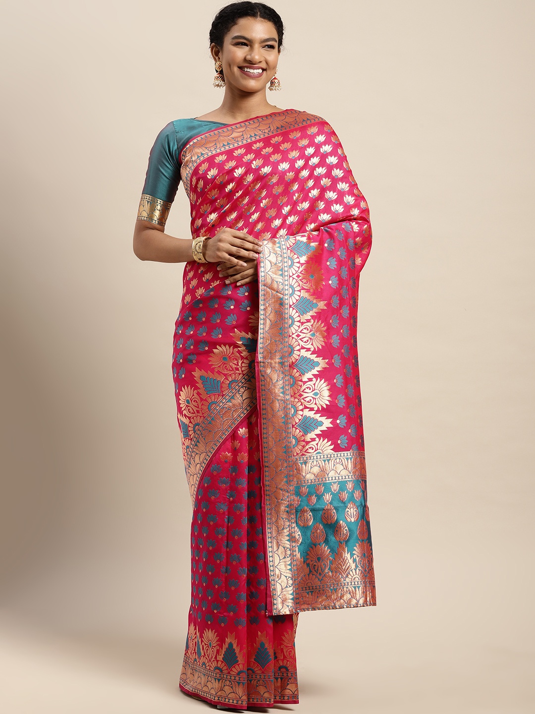 

Mitera Pink & Golden Ethnic Motifs Woven Design Kanjeevaram Saree
