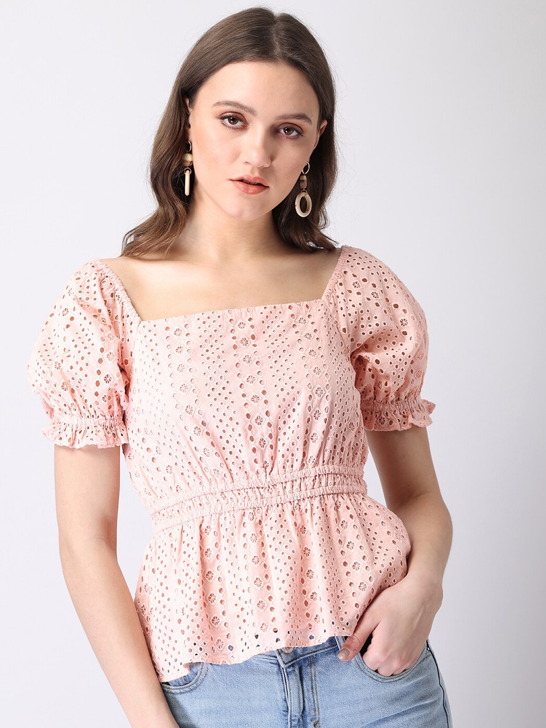 

FabAlley Peach-Coloured Schiffli Embroidered Pure Cotton Peplum Top