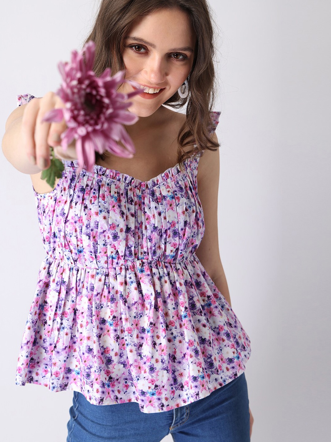 

FabAlley Blue Floral Print Ruffles Smocked Peplum Top