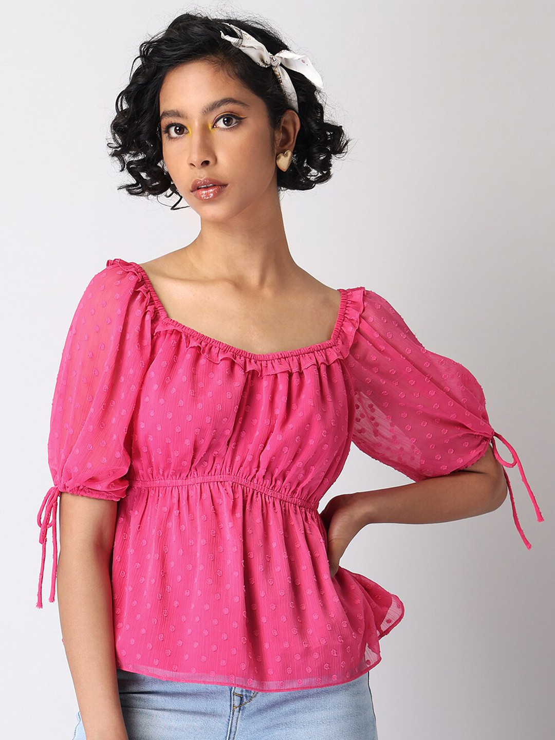 

FabAlley Women Pink Solid Georgette Cinched Waist Top