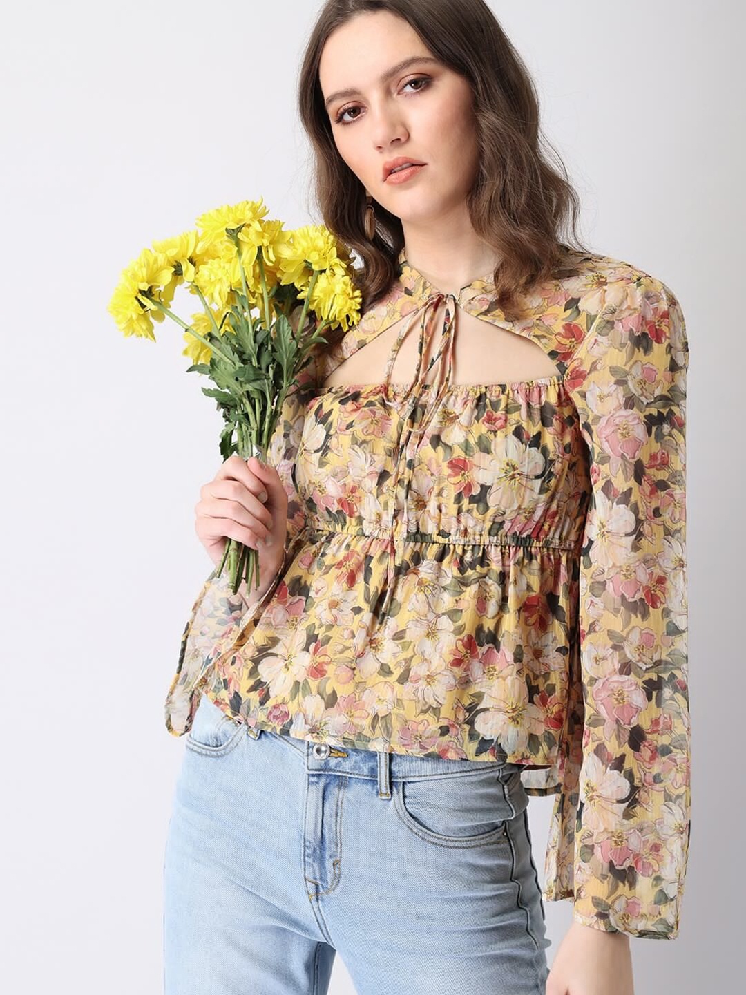 

FabAlley Yellow & Green Floral Print Cut Out Tie-Up Neck Georgette Empire Top