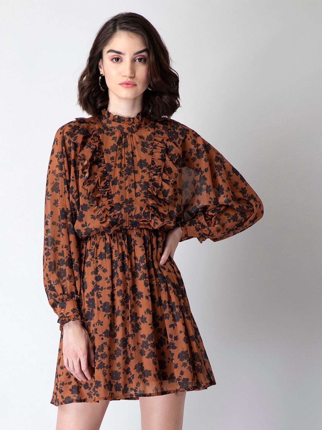 

FabAlley Women Brown & Black Floral Georgette A-Line Mini Dress