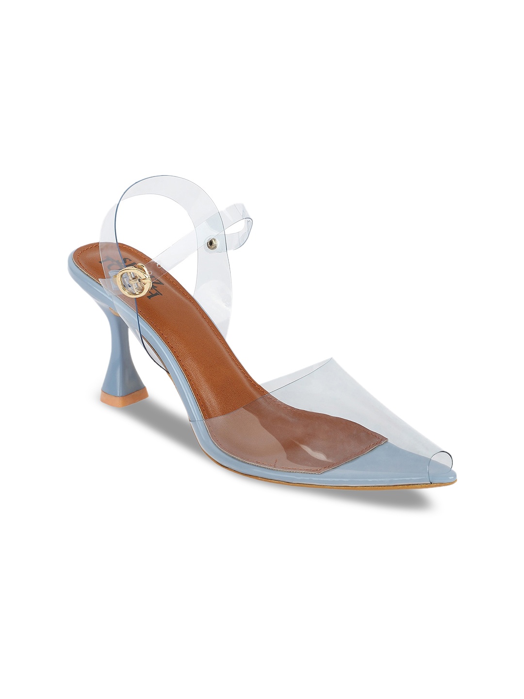 

SHUZ TOUCH Blue & Transparent Kitten Pumps with Buckles