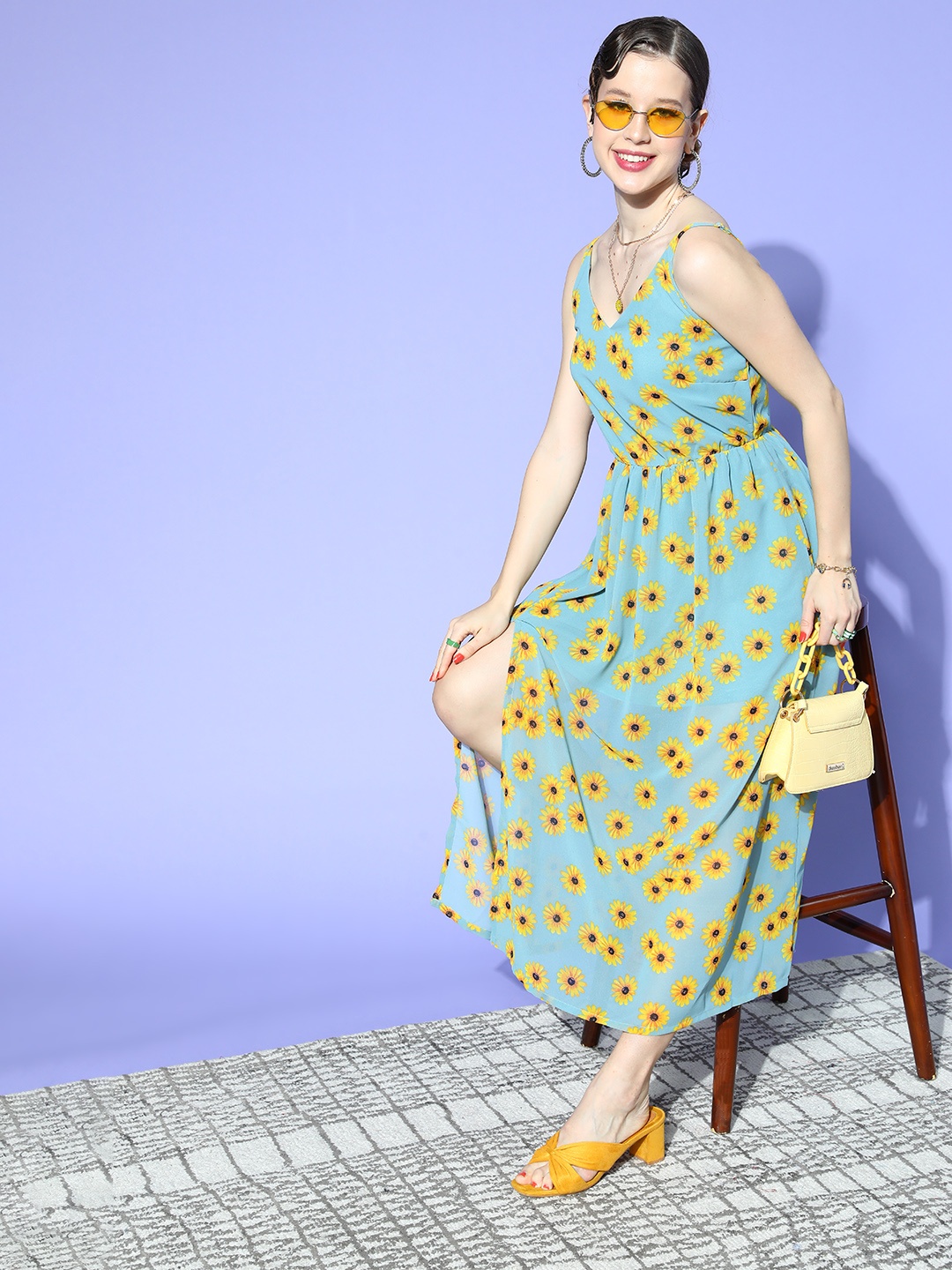 

plusS Turquoise Blue & Yellow Floral Georgette Maxi Dress
