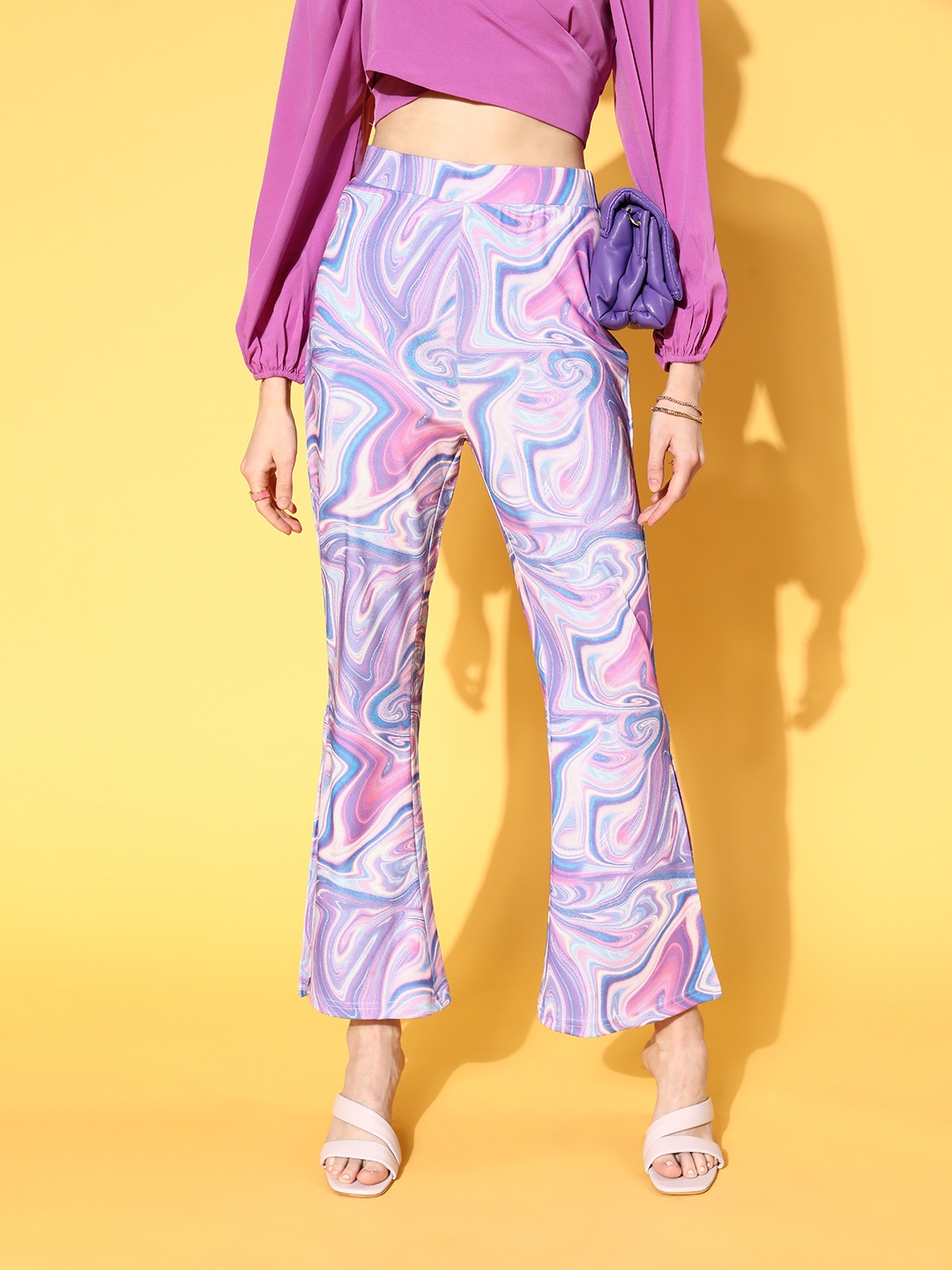 

plusS Women Lavender & Pink Abstract Print Side-Slit Trousers