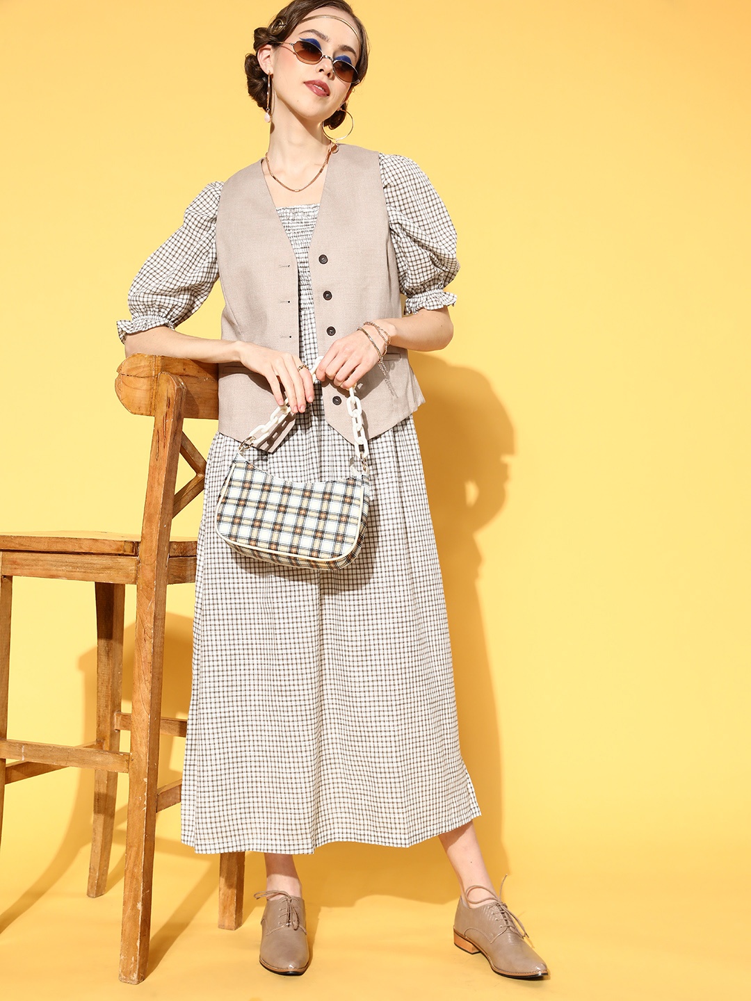 

plusS Olive Green & White Checked Maxi Dress