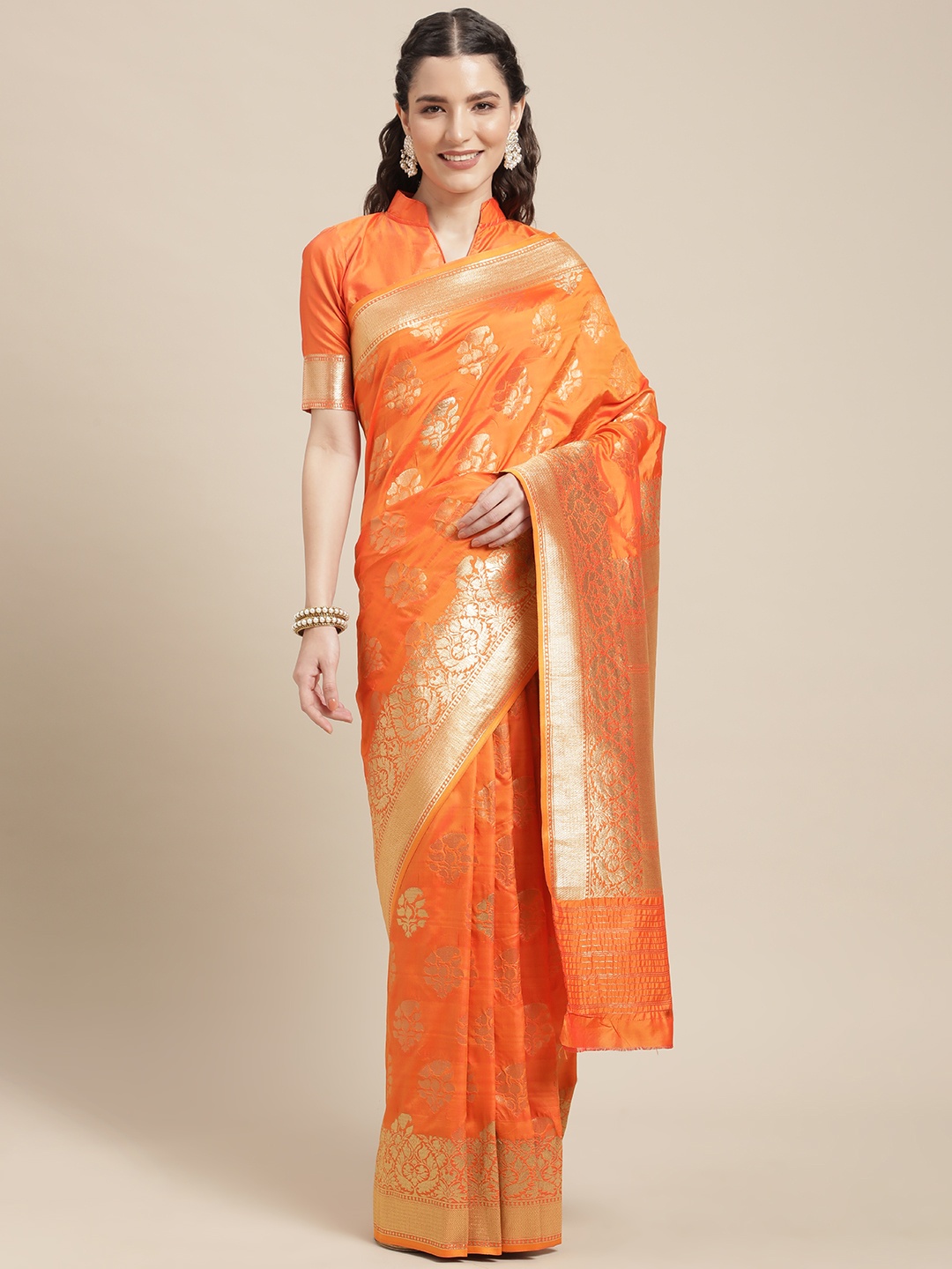 

Mitera Orange & Golden Ethnic Motifs Silk Blend Kanjeevaram Saree