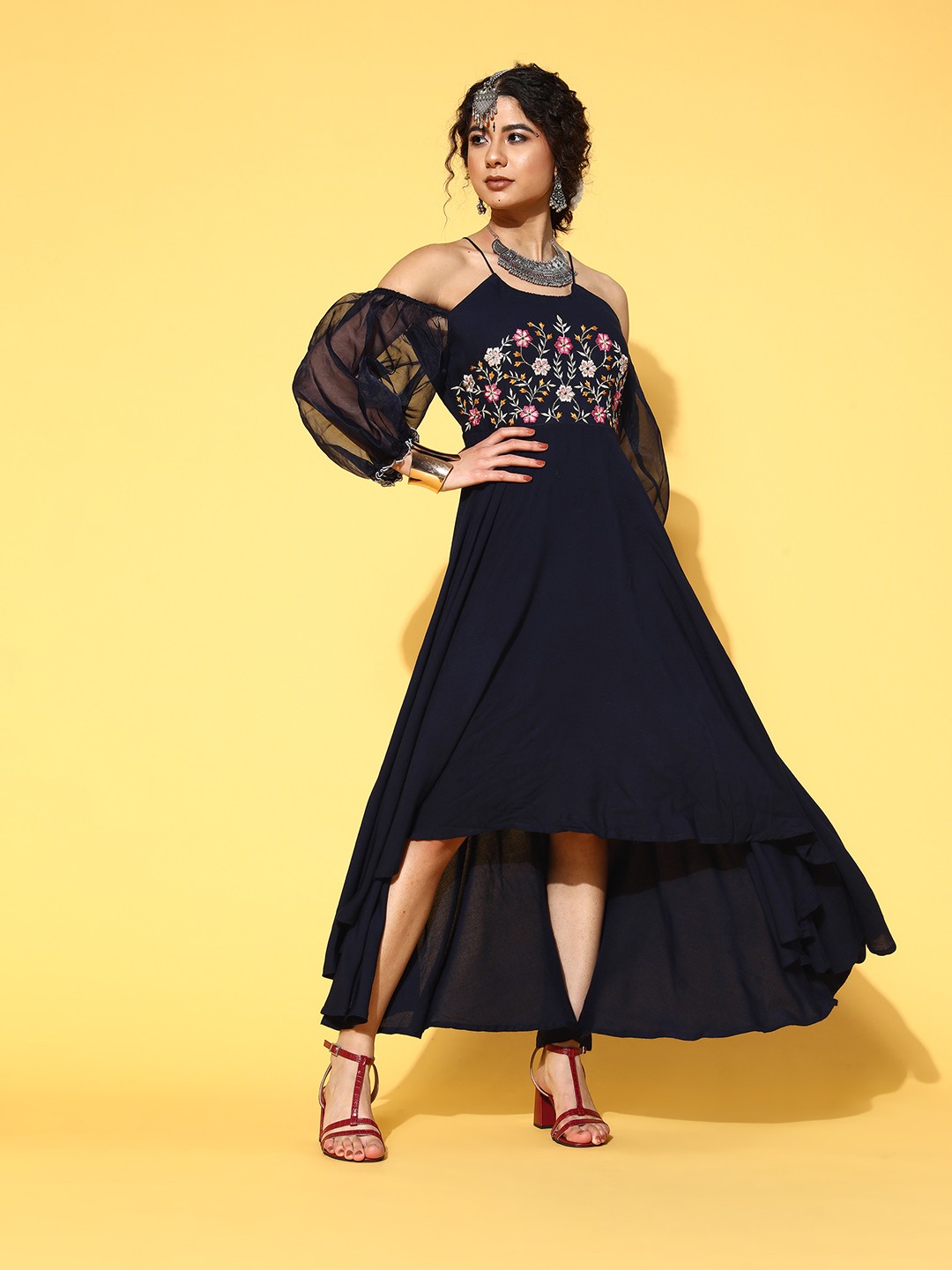 

Yufta Women Deep Navy Blue Floral Nuovo Sleeves Dress