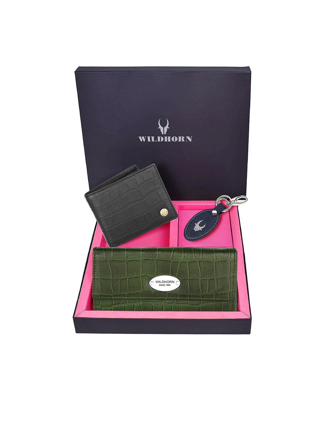

WildHorn Unisex Black & Green Textured Leather Accessory Gift Set