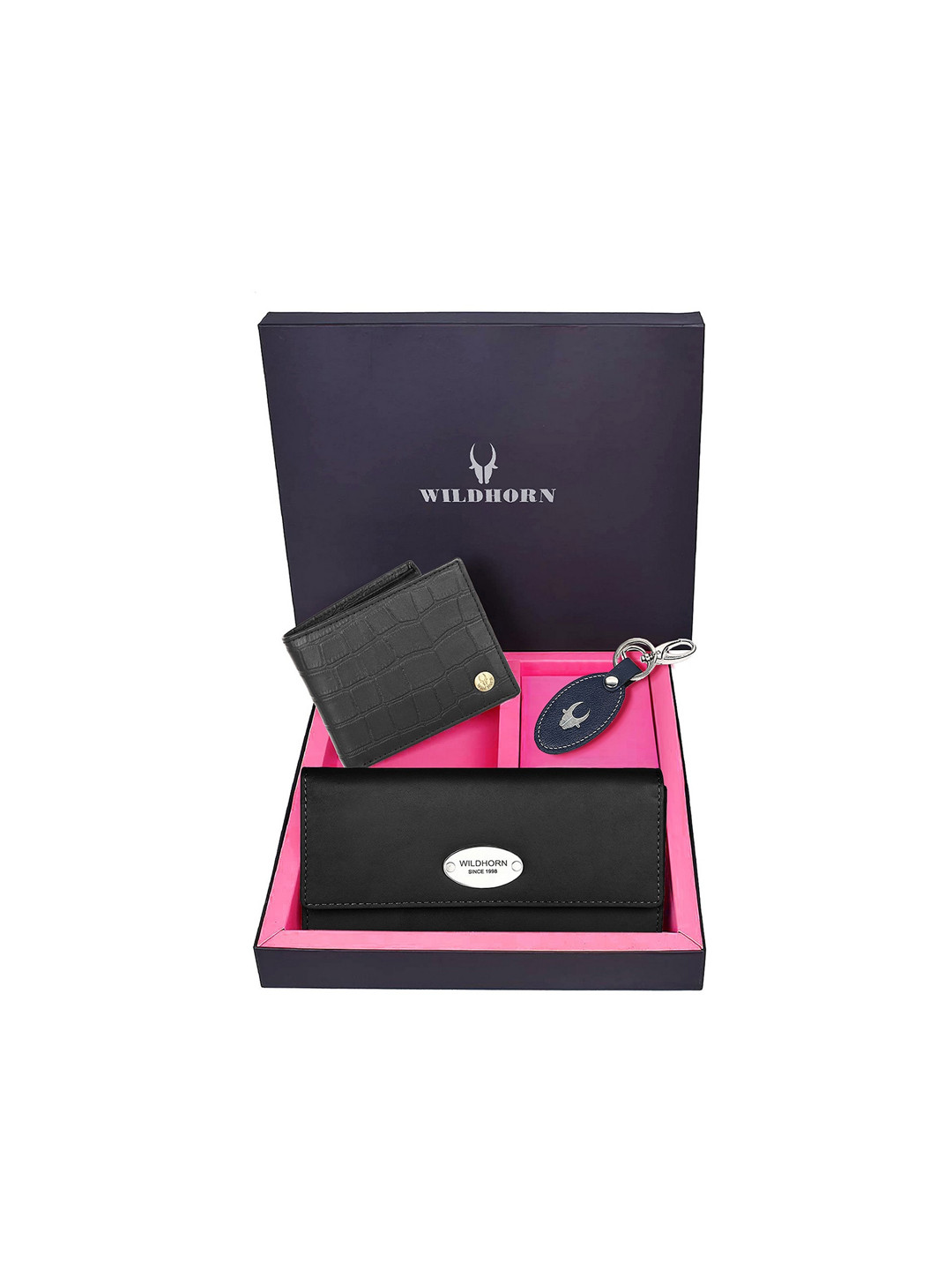 

WildHorn Set of 3 Unisex Black & Navyblue Textured Pure Genuine Leather Accessory Gift Set, Multi