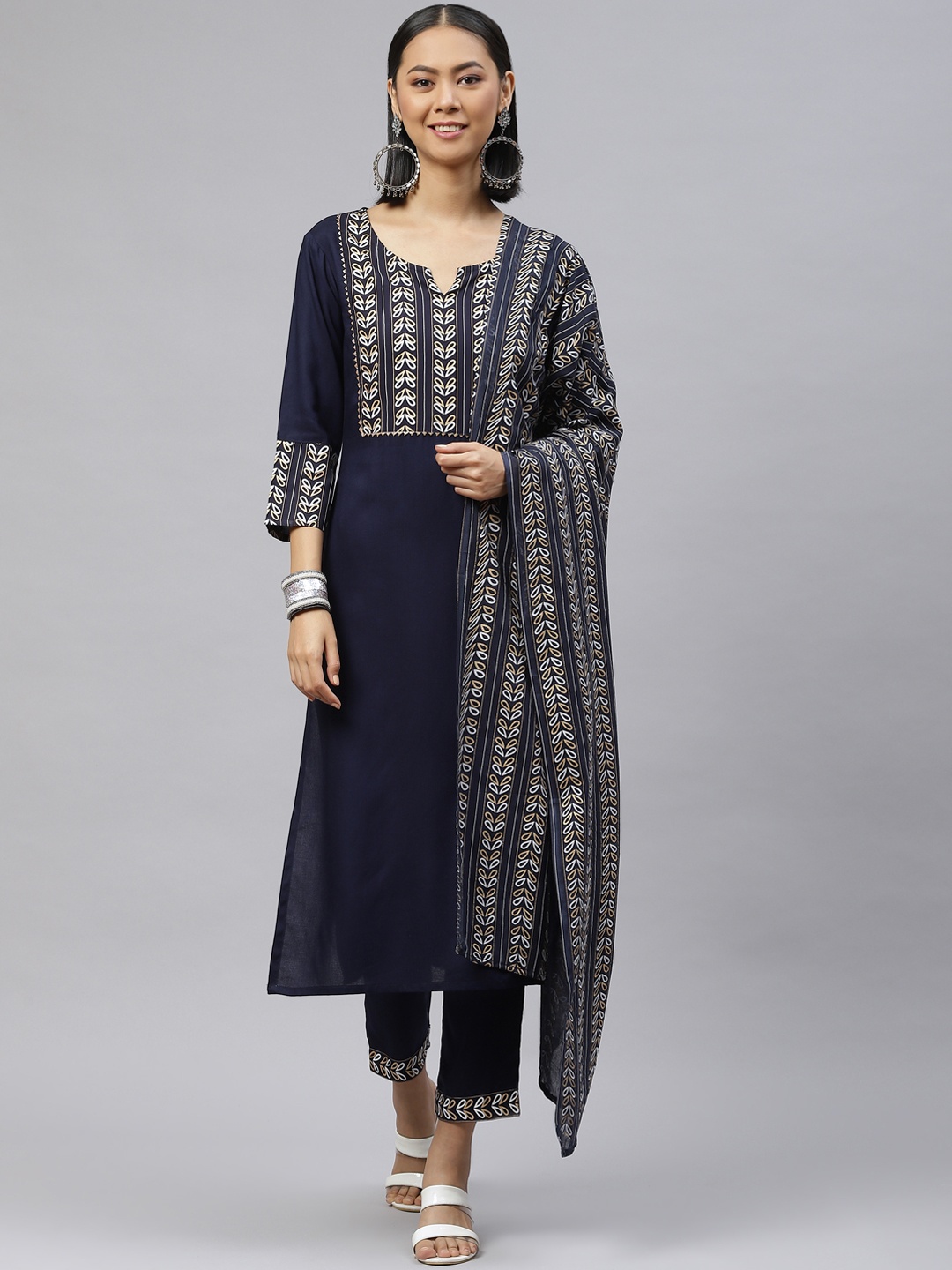 

Nirkhi Women Navy Blue Yoke Design Kurta with Palazzos & With Dupatta