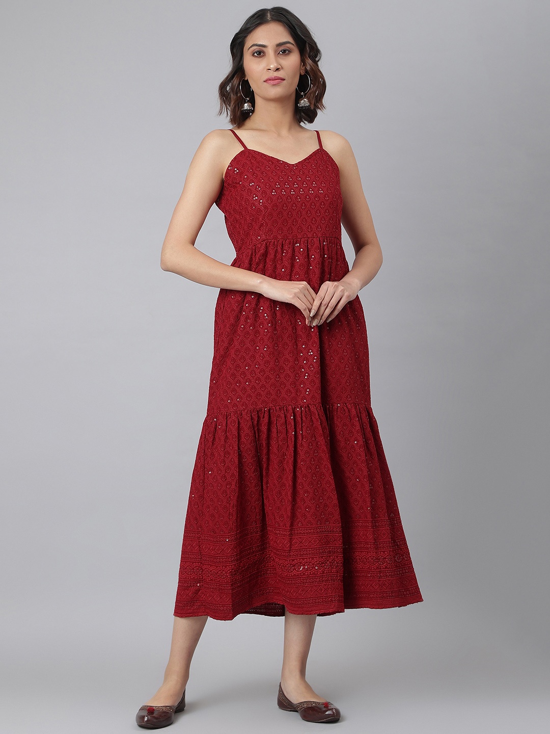 

Nirkhi Women Maroon Ethnic Motifs Embroidered Tiered A-Line Midi Dress