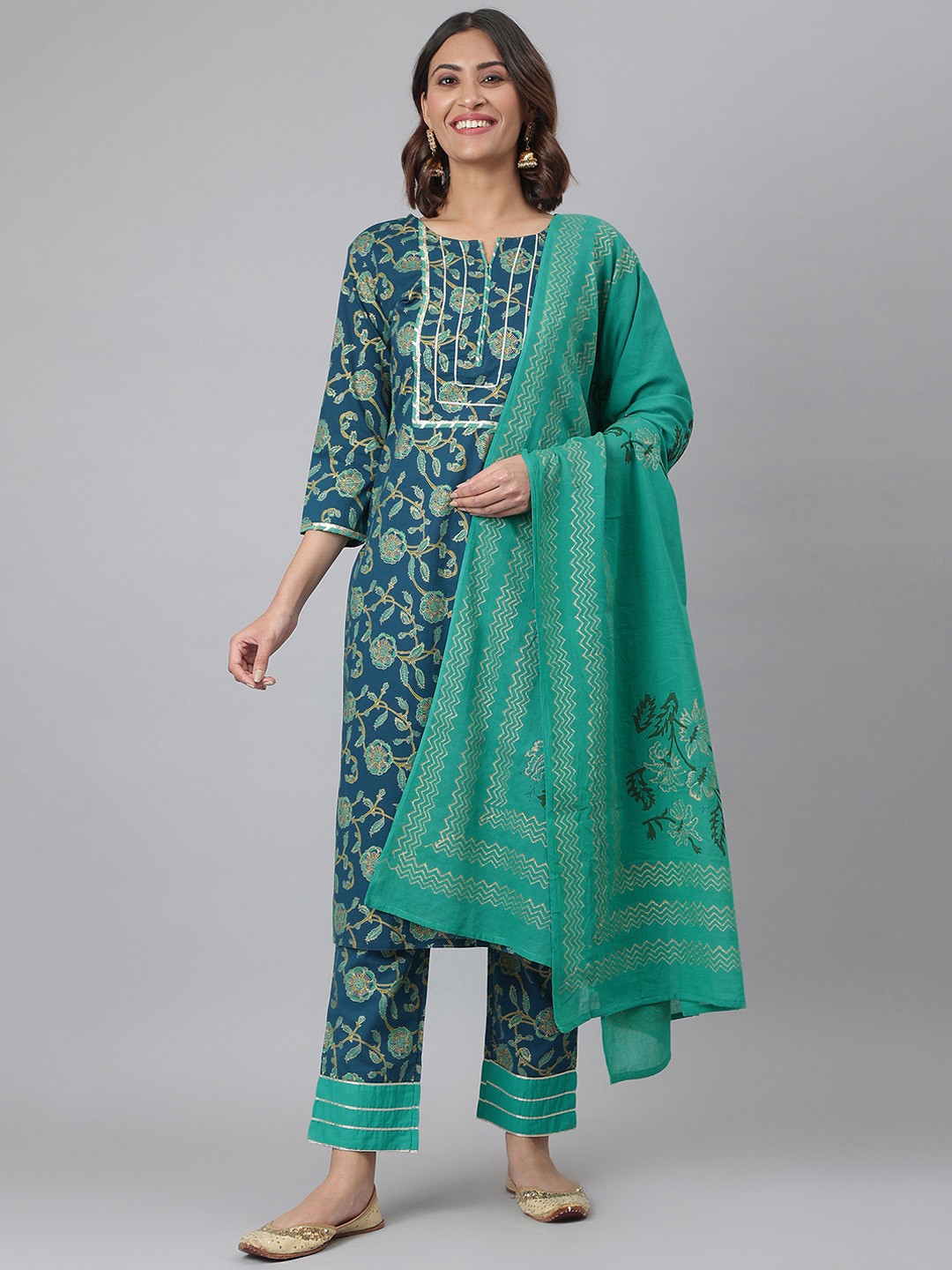

Nirkhi Women Navy Blue Printed Gotta Patti Pure Cotton Kurta with Trousers & Dupatta