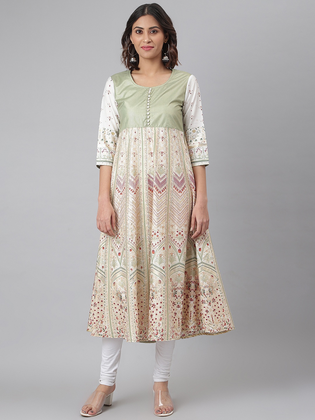 

Nirkhi Women White & Green Ethnic Motifs Printed A-Line Kurta