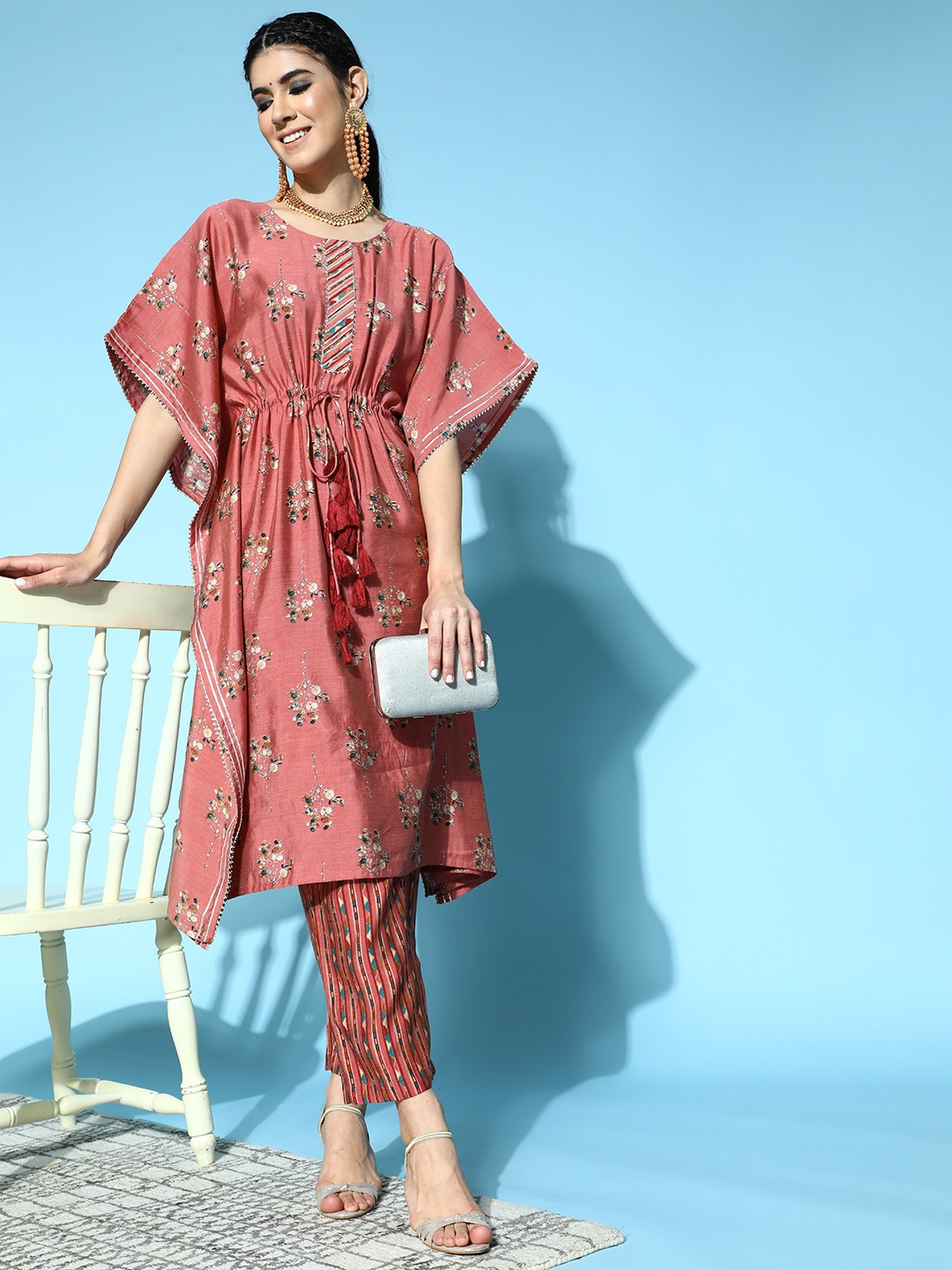 

Jaipur Kurti Ethnic Motifs Chanderi Cotton New Age Kaftan Kurta Set, Peach
