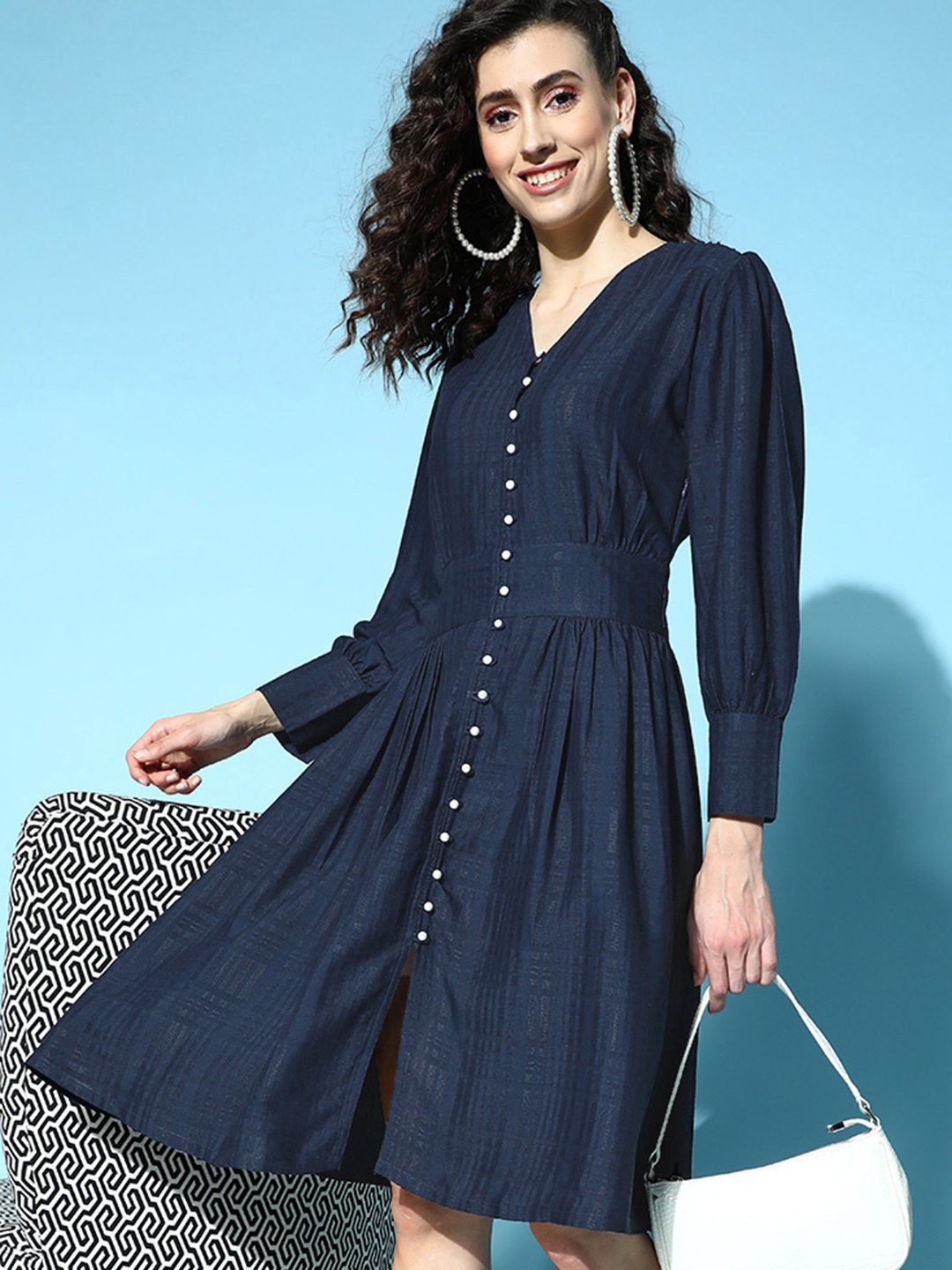 

Jaipur Kurti Women Deep Navy Blue Checked All in the Details Dress