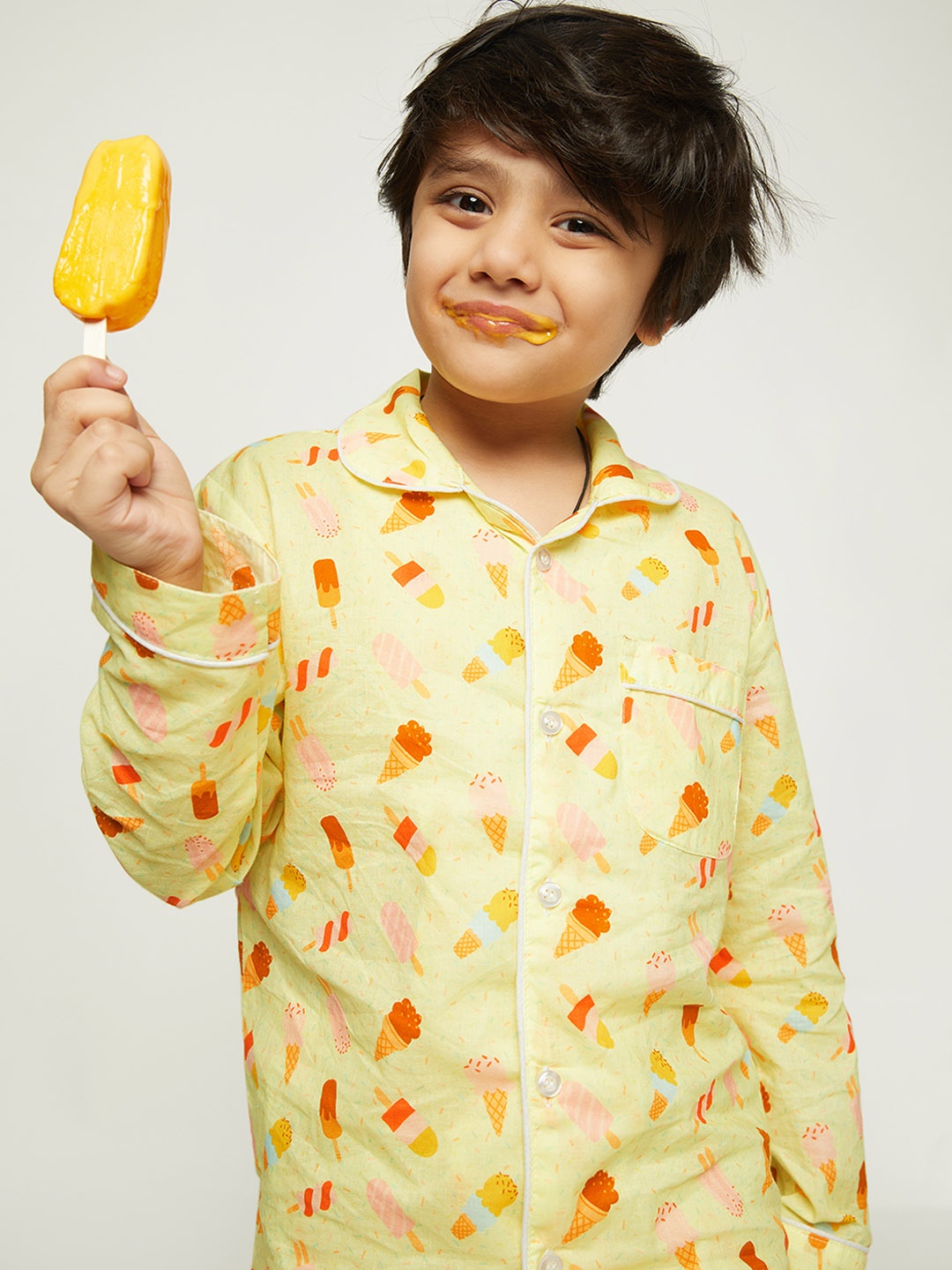 

frangipani Kids Yellow & Pink Printed Pure Cotton Night suit