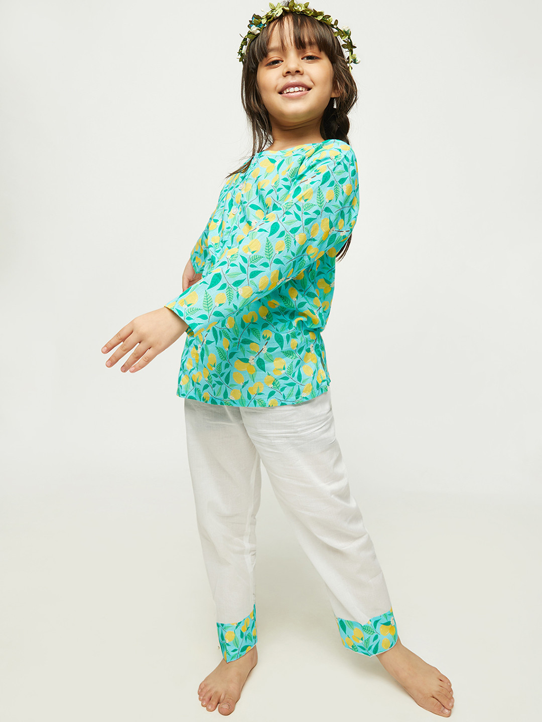 

frangipani Unisex Kids Green & Yellow Printed Pure Cotton Night suit