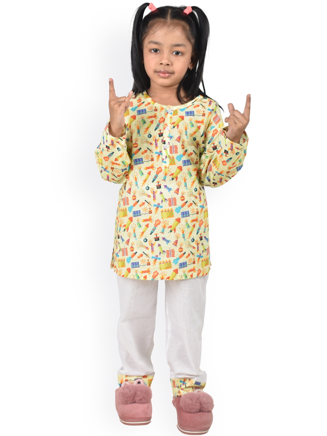 

frangipani Unisex Kids Yellow & White Printed Pure Cotton Night suit