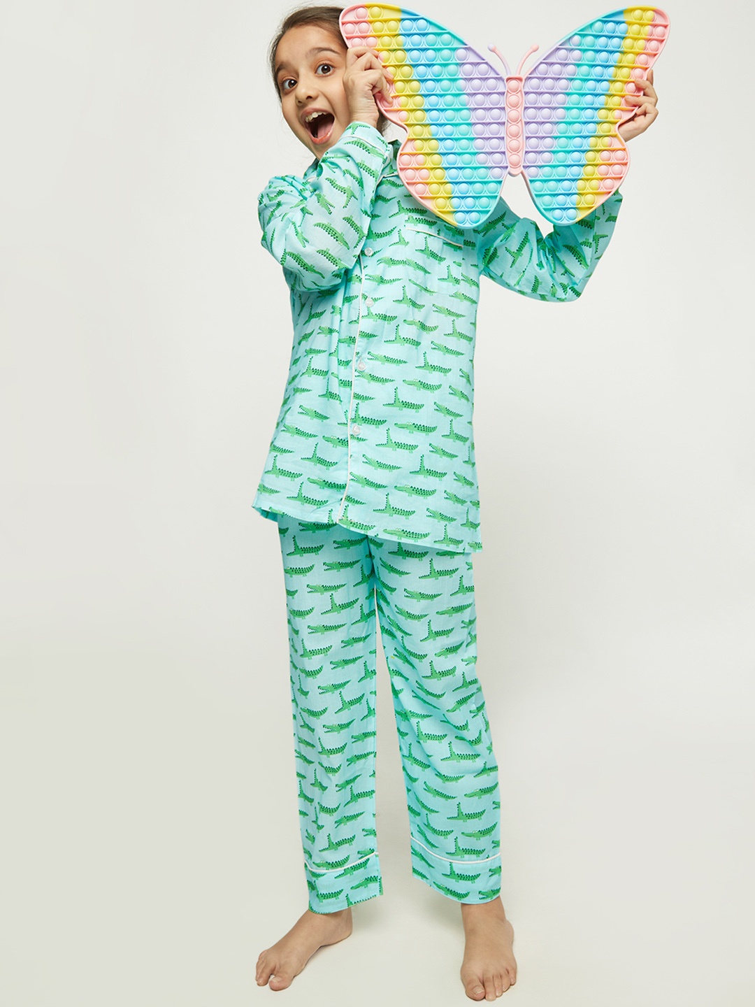 

frangipani Kids Blue & Green Printed Pure Cotton Night Suit