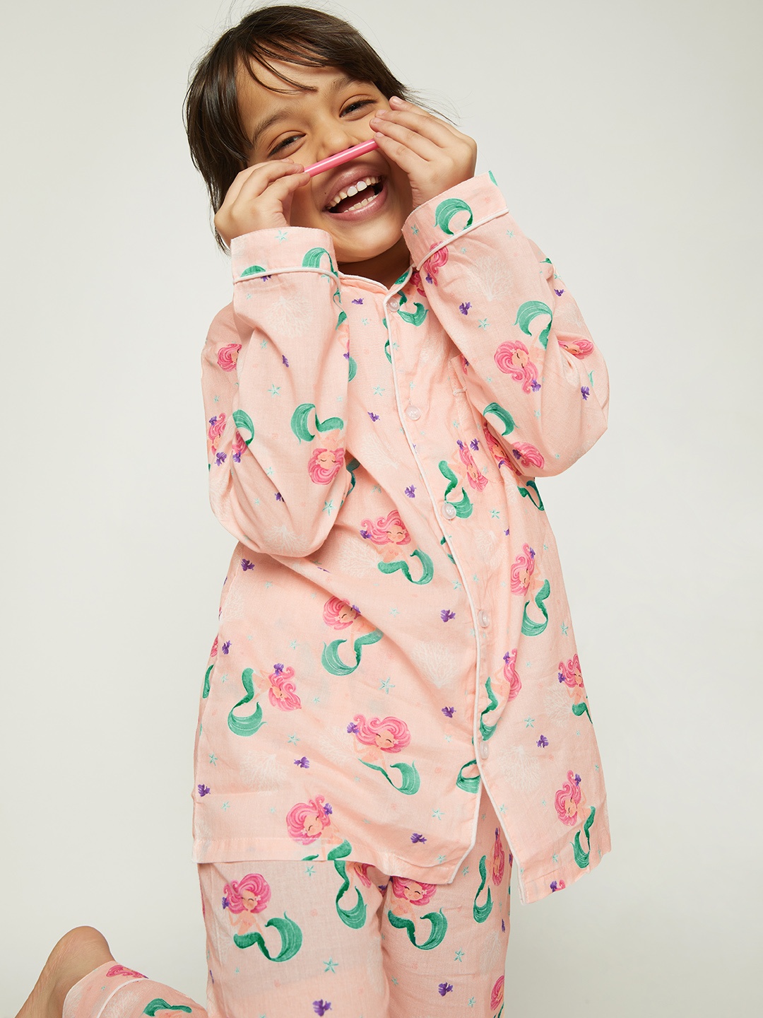 

frangipani Girls Pink & Blue Printed Pure Cotton Night suit