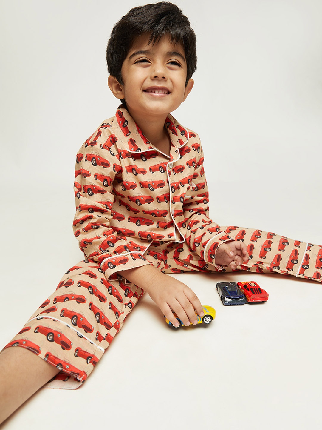 

frangipani Unisex Kids Peach-Coloured & Red Printed Pure Cotton Night suit