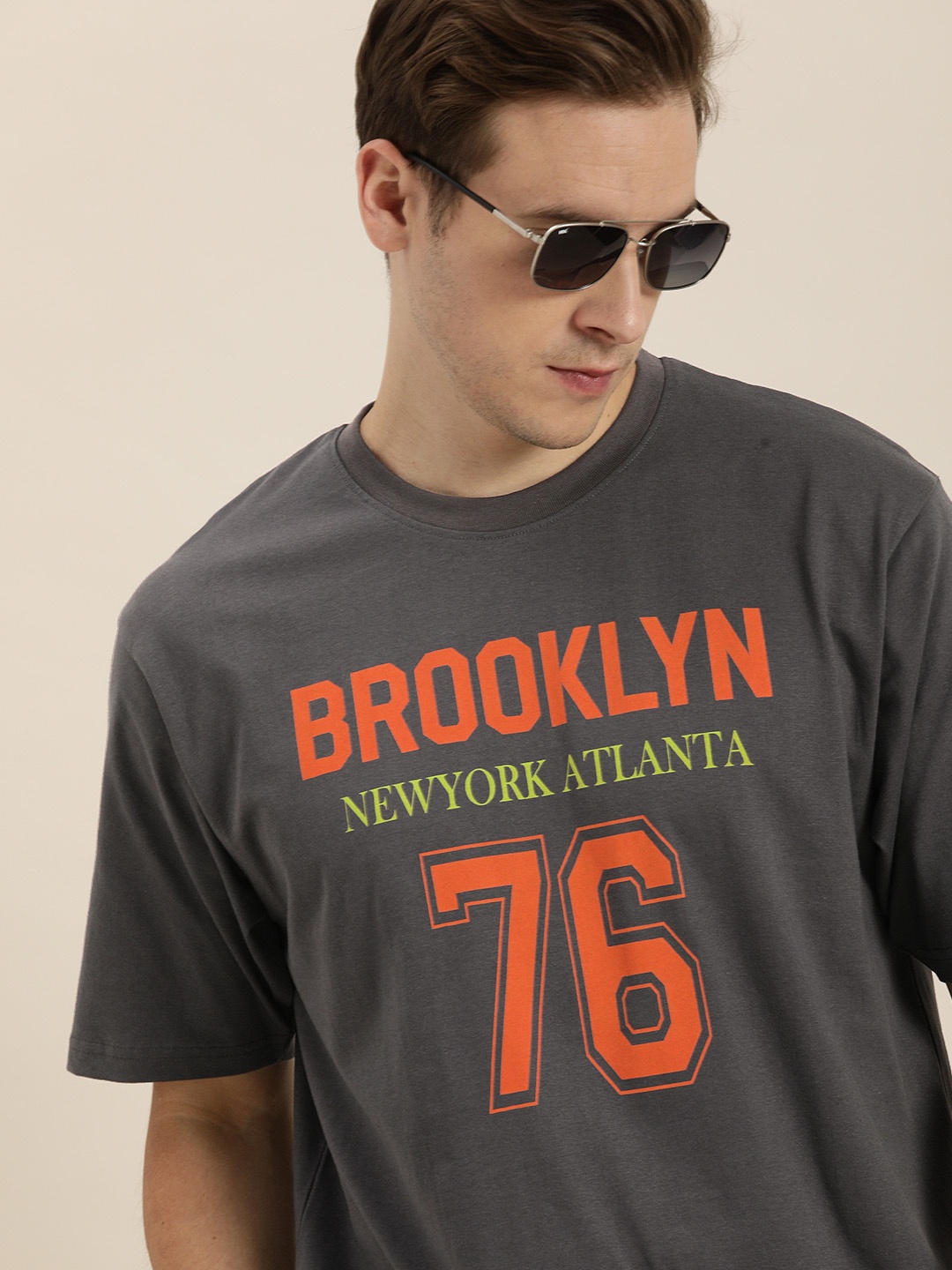 

DILLINGER Men Charcoal Grey & Orange Typography Print Pure Cotton OversizedT-shirt