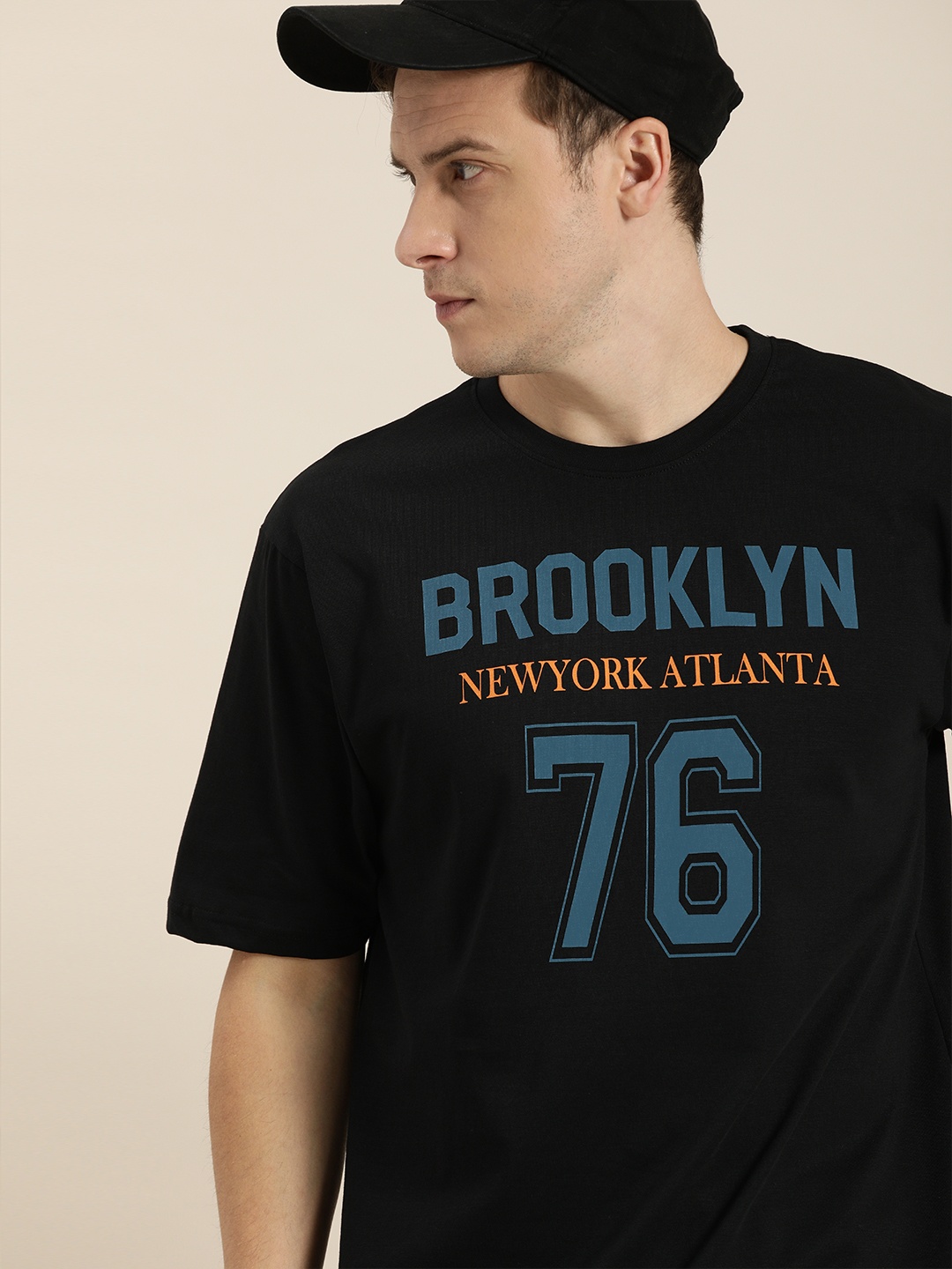 

DILLINGER Men Black & Blue Typography Print Pure Cotton Loose T-shirt