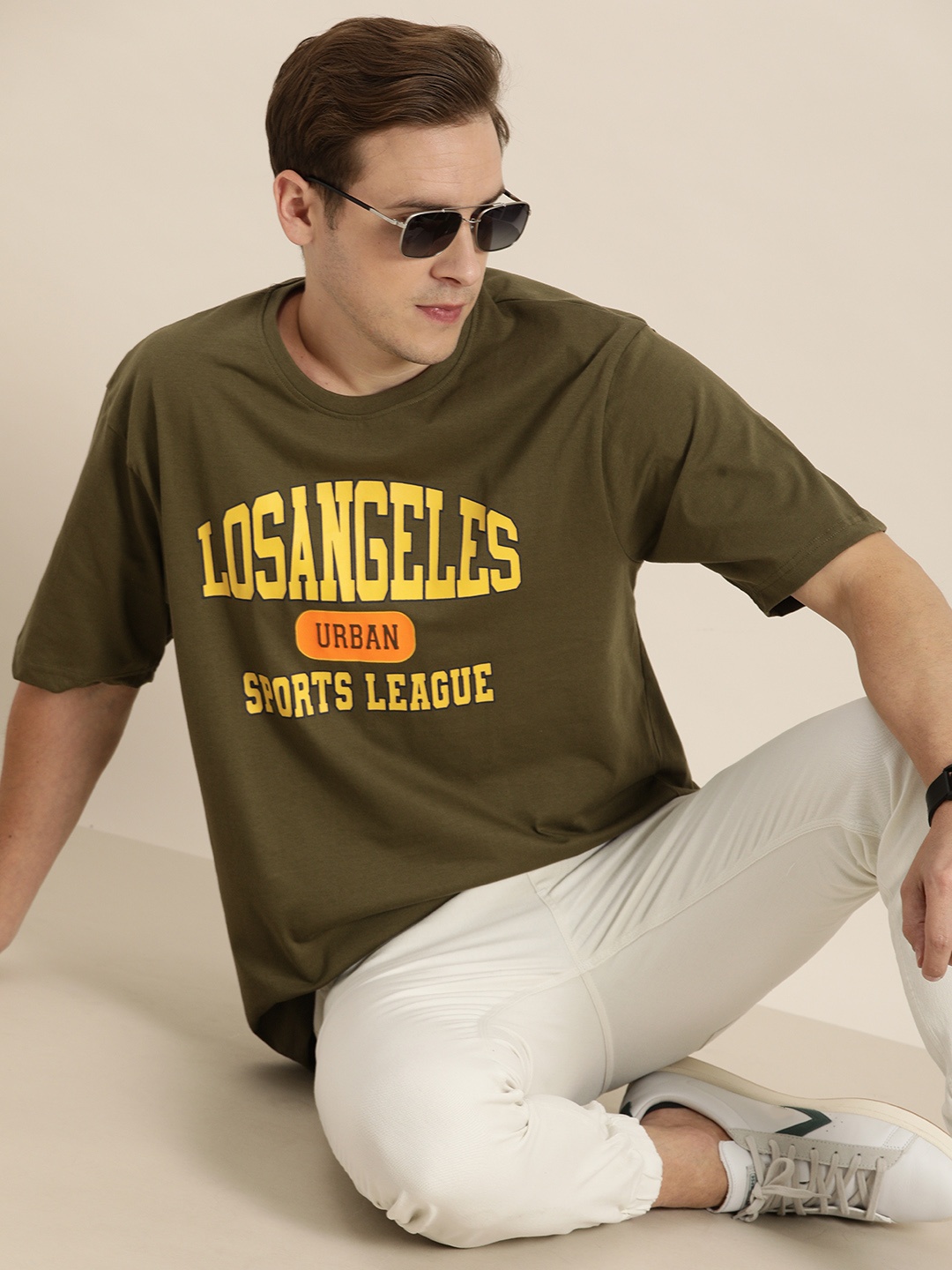 

DILLINGER Men Olive Green & Yellow Typography Print Pure Cotton Loose T-shirt