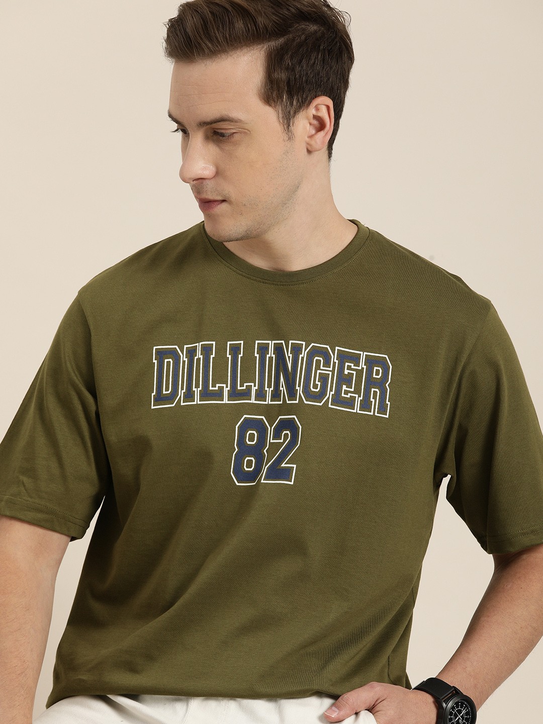 

DILLINGER Men Olive Green & Navy Blue Typography Print Pure Cotton Loose T-shirt
