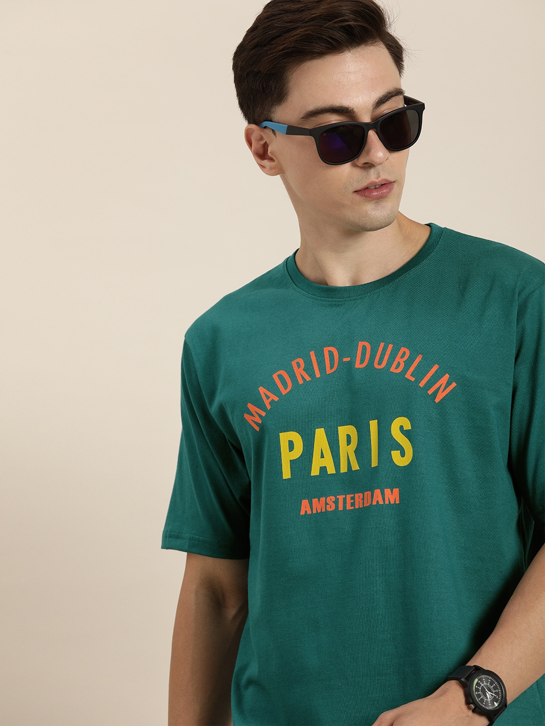 

DILLINGER Men Green & Orange Typography Print Pure Cotton Loose T-shirt