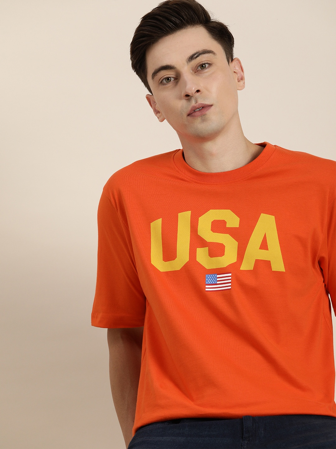 

DILLINGER Men Orange & Mustard Yellow Typography Print Pure Cotton Loose T-shirt