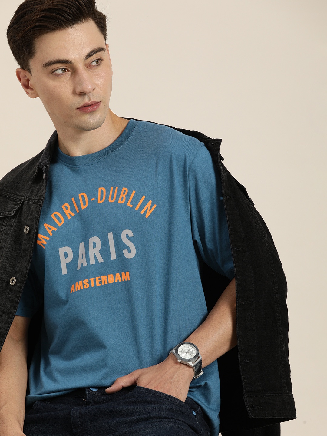 

DILLINGER Men Blue & Mustard Yellow Typography Print Pure Cotton Loose T-shirt