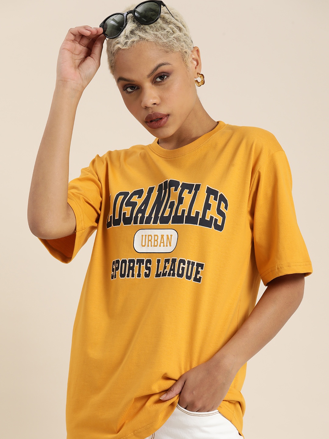 

DILLINGER Women Mustard Yellow & Navy Blue Printed Cotton Loose Oversized T-shirt