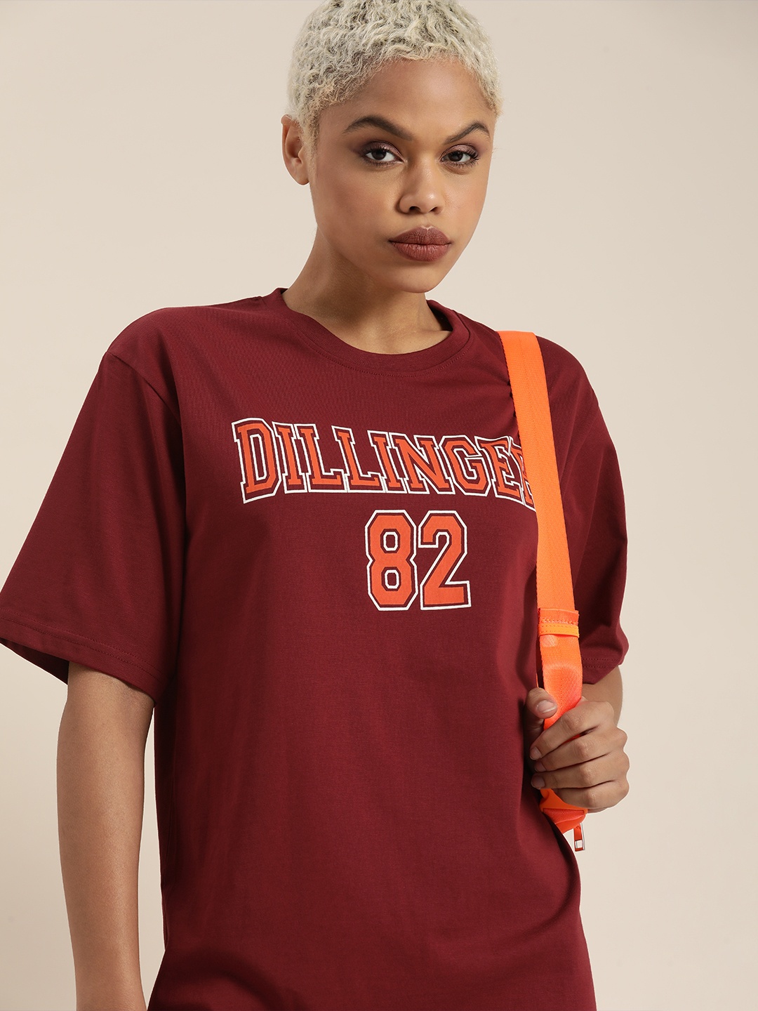 

DILLINGER Women Maroon & Orange Brand Logo Cotton Drop-Shoulder Sleeves OversizedT-shirt