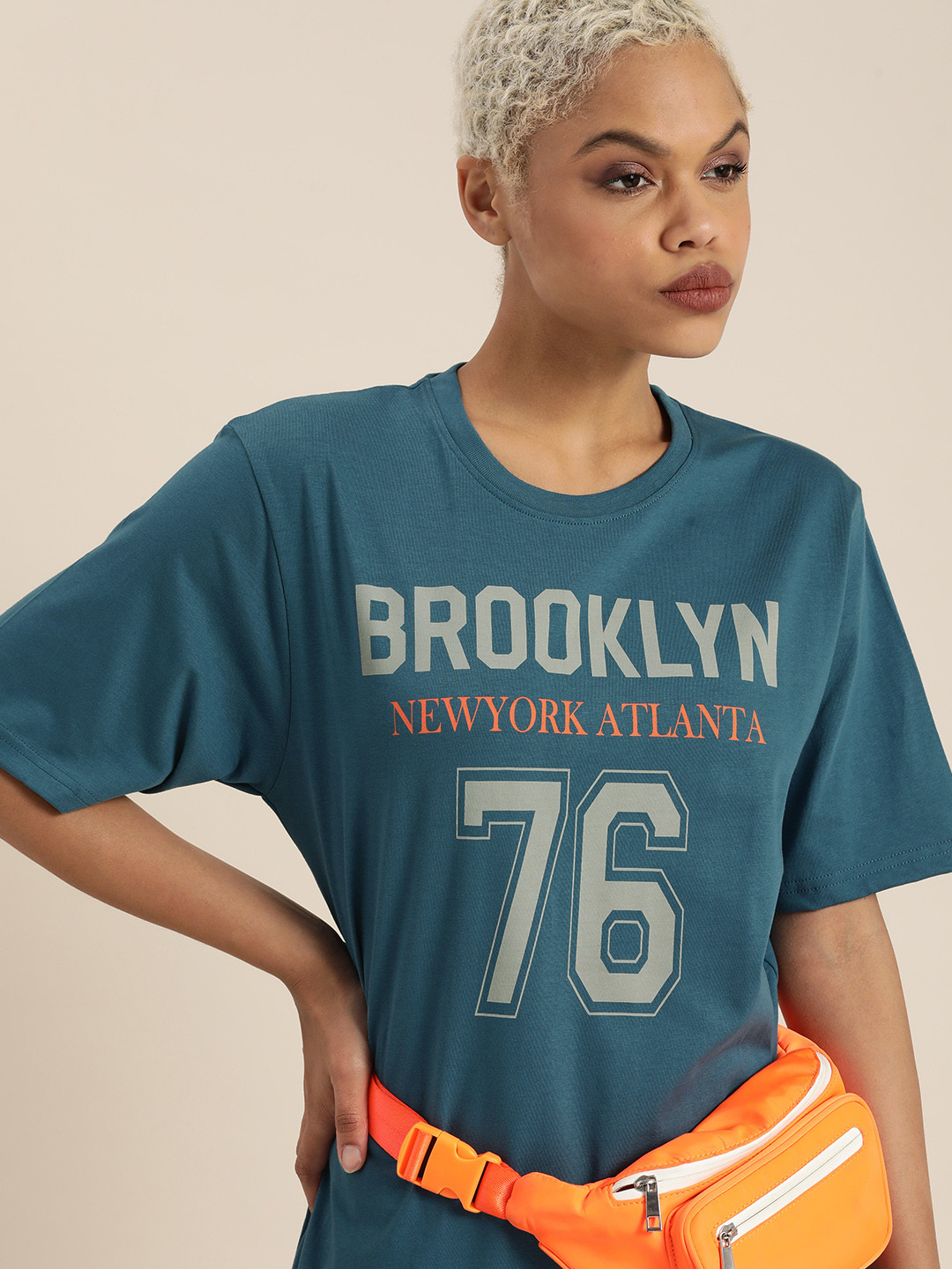 

DILLINGER Women Teal Blue & Orange Typography Drop-Shoulder Sleeves Loose Cotton T-shirt