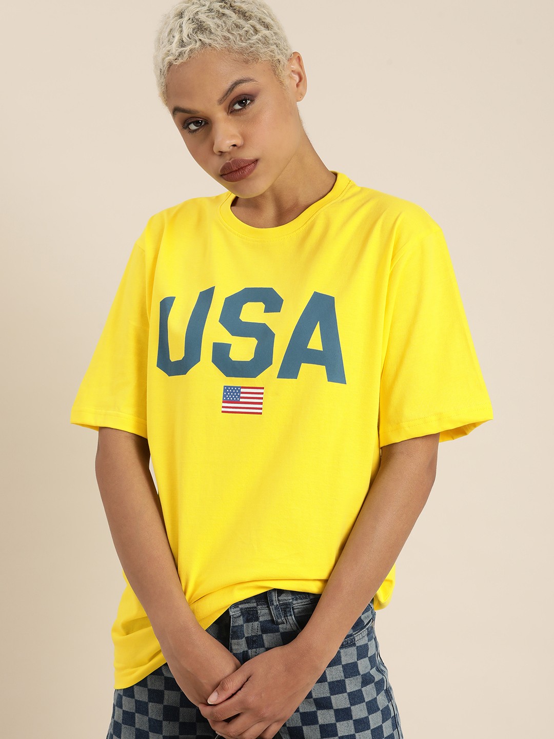

DILLINGER Women Yellow & Teal Blue Typography Cotton Drop-Shoulder Sleeves OversizedT-shirt