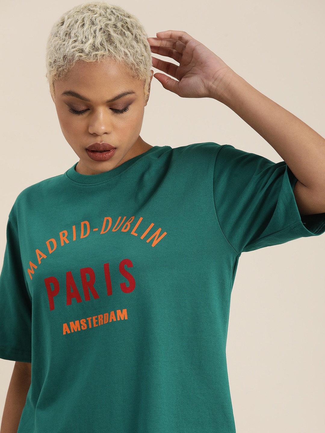 

DILLINGER Women Green & Orange Typography Cotton Drop-Shoulder Sleeves OversizedT-shirt