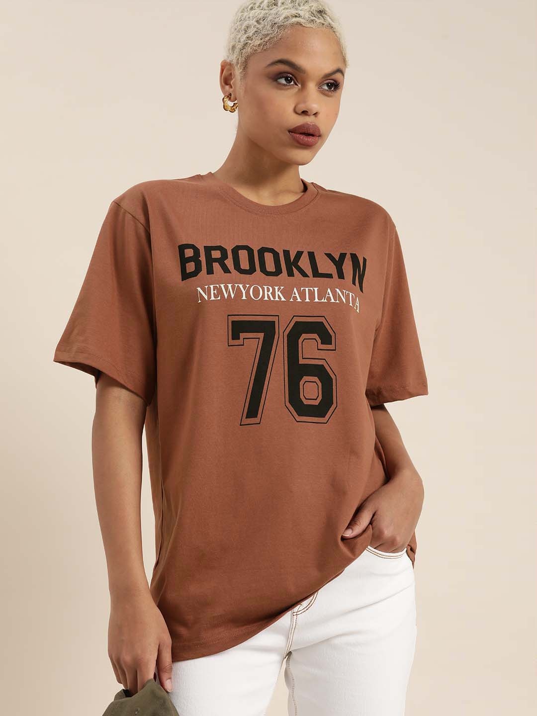 

DILLINGER Women Brown & Black Typography Printed Cotton OversizedOversized T-shirt