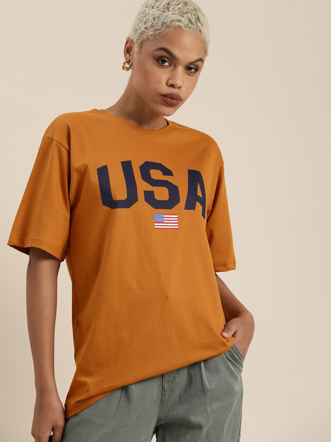 

DILLINGER Women Mustard Yellow Typography Cotton Drop-Shoulder Sleeves Loose T-shirt