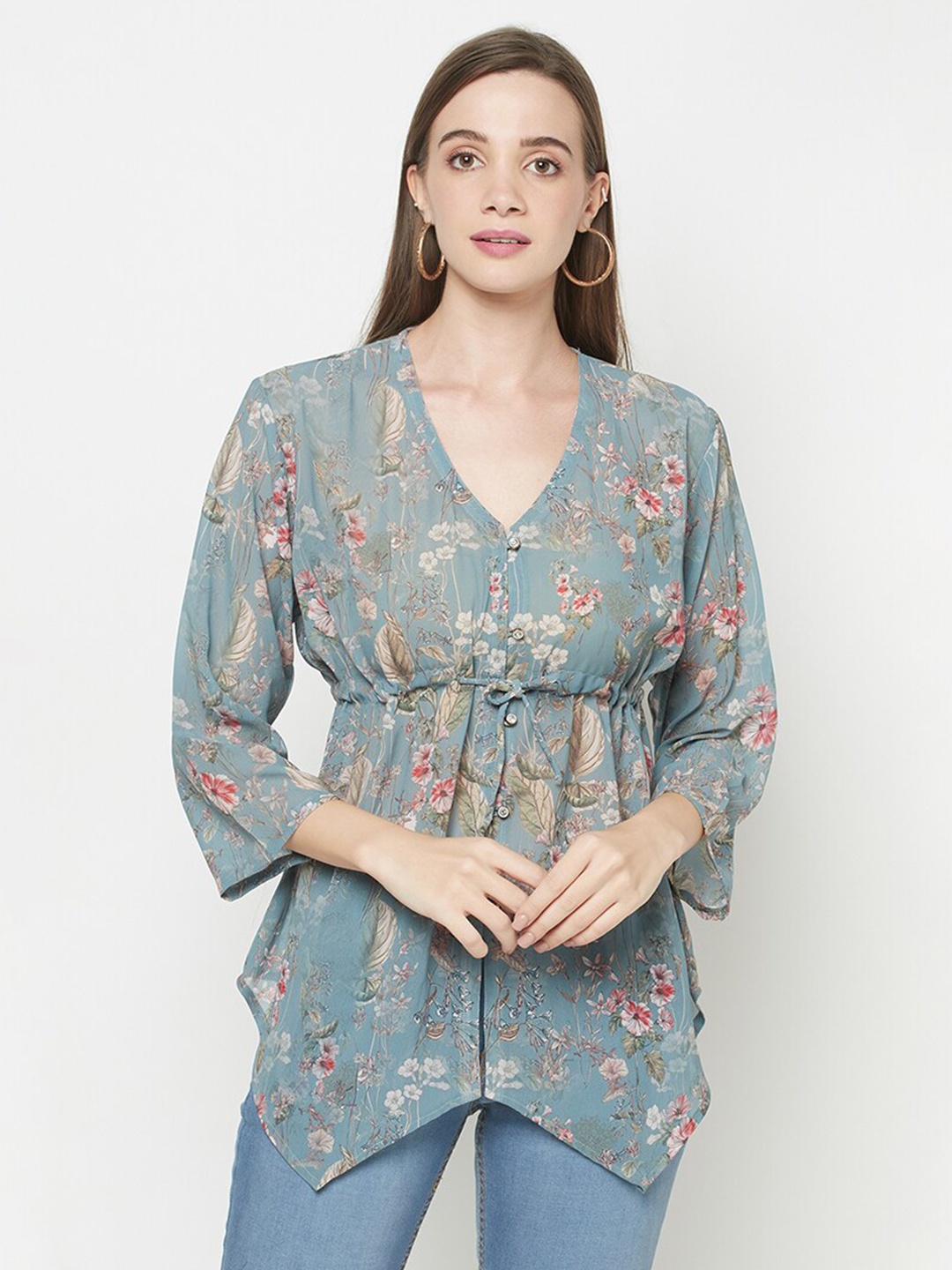 

Safaa Green Floral Print Georgette Empire Longline Top