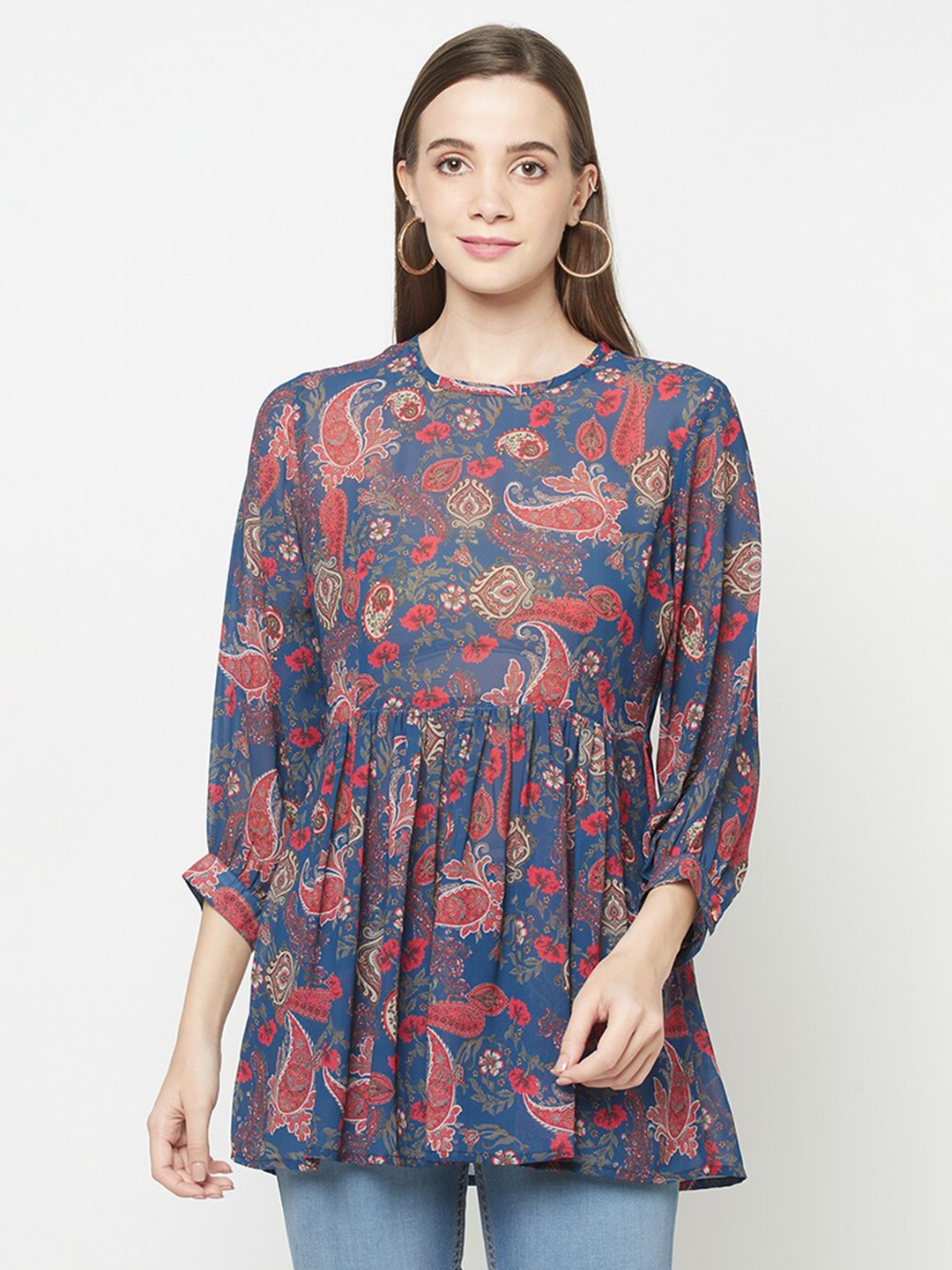 

Safaa Plus Size Blue & Red Print Georgette Longline Top
