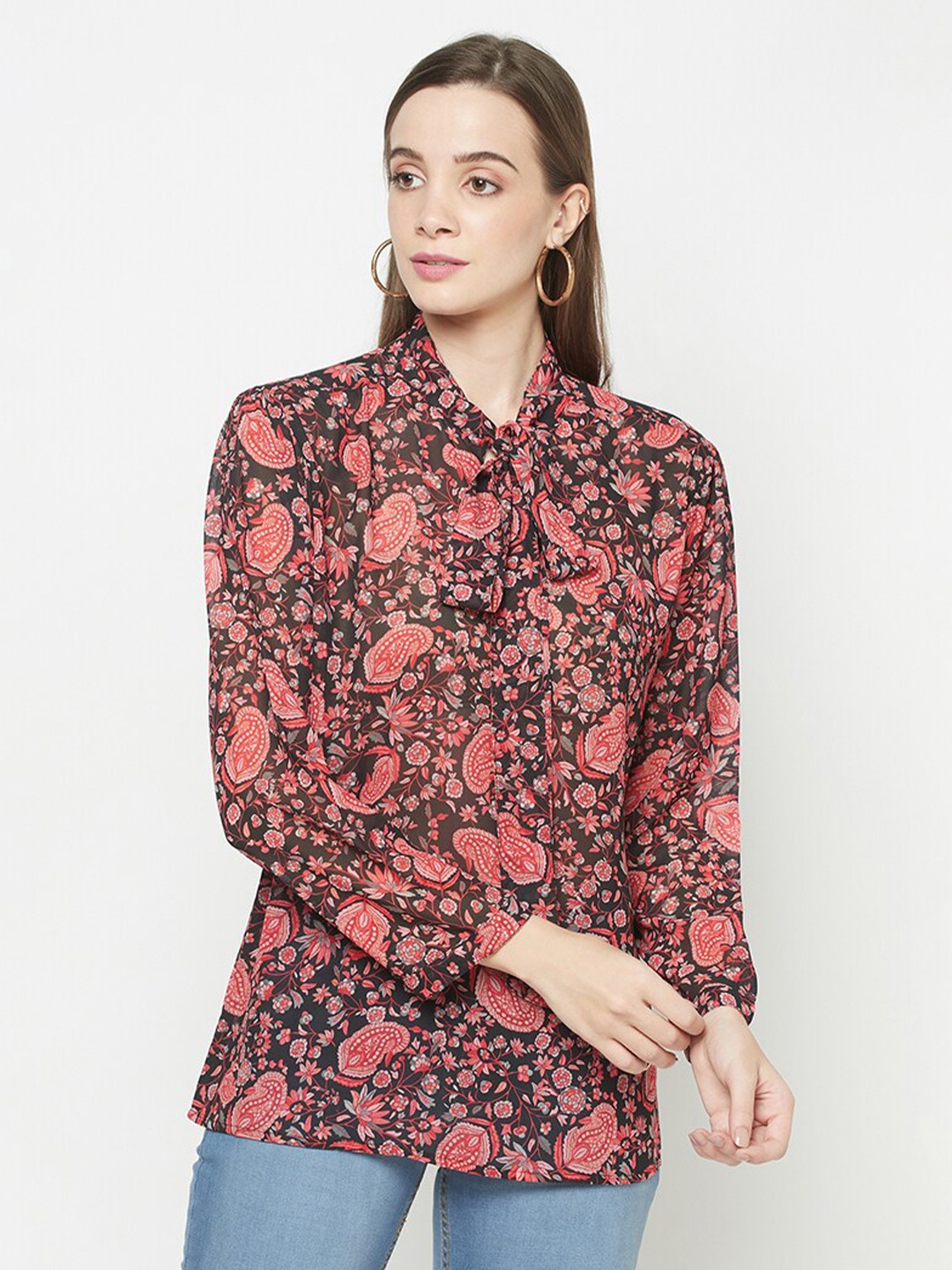 

Safaa Black & Red Print Tie-Up Neck Georgette Shirt Style Top