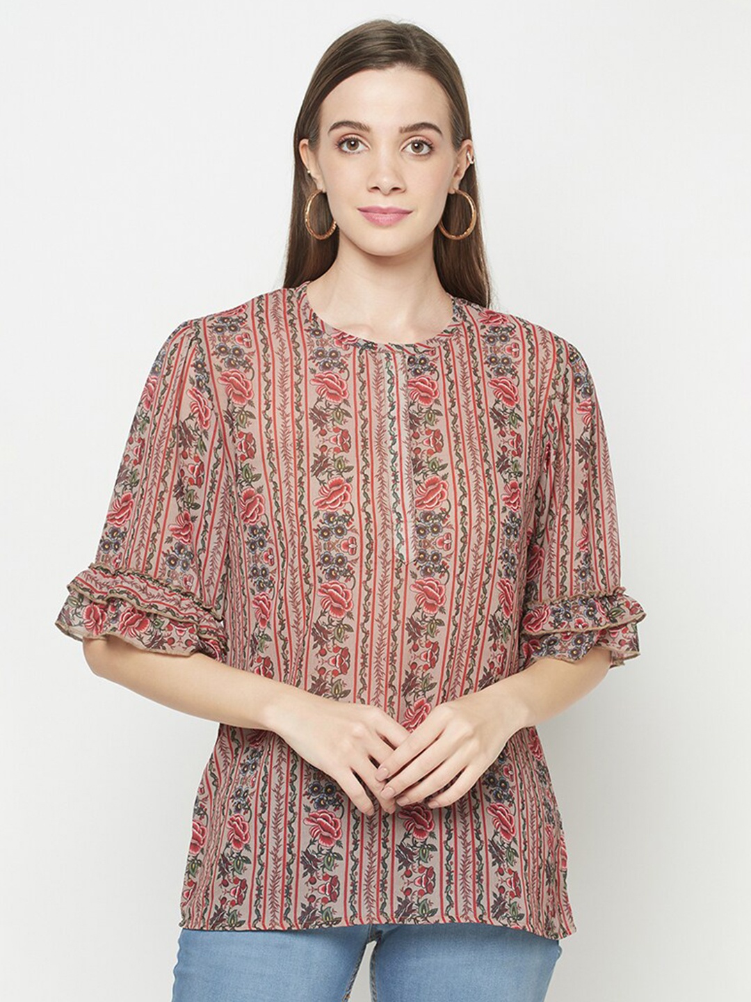 

Safaa Peach-Coloured Floral Print Georgette Top