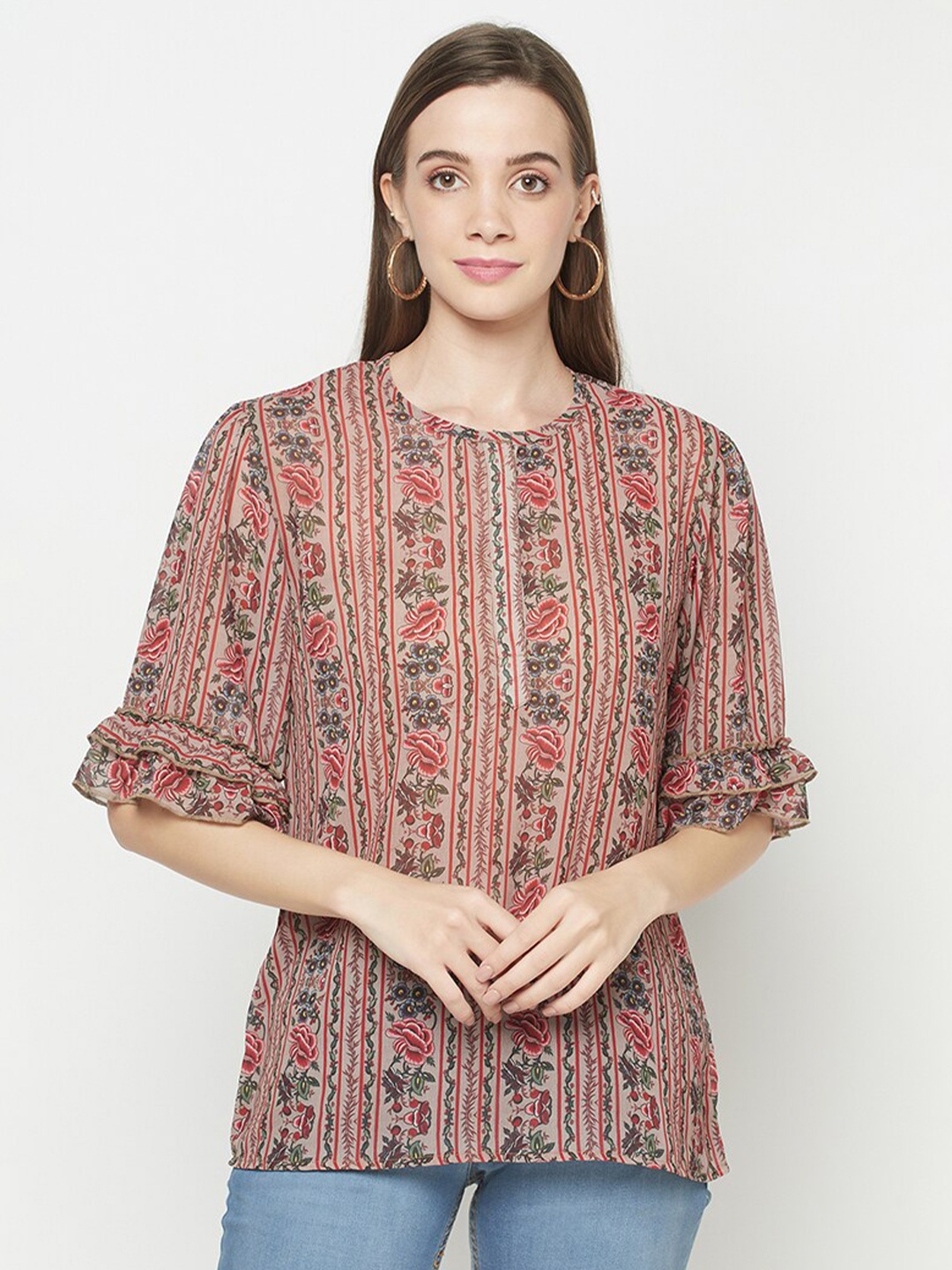 

Safaa Brown & Red Floral Printed Georgette Top