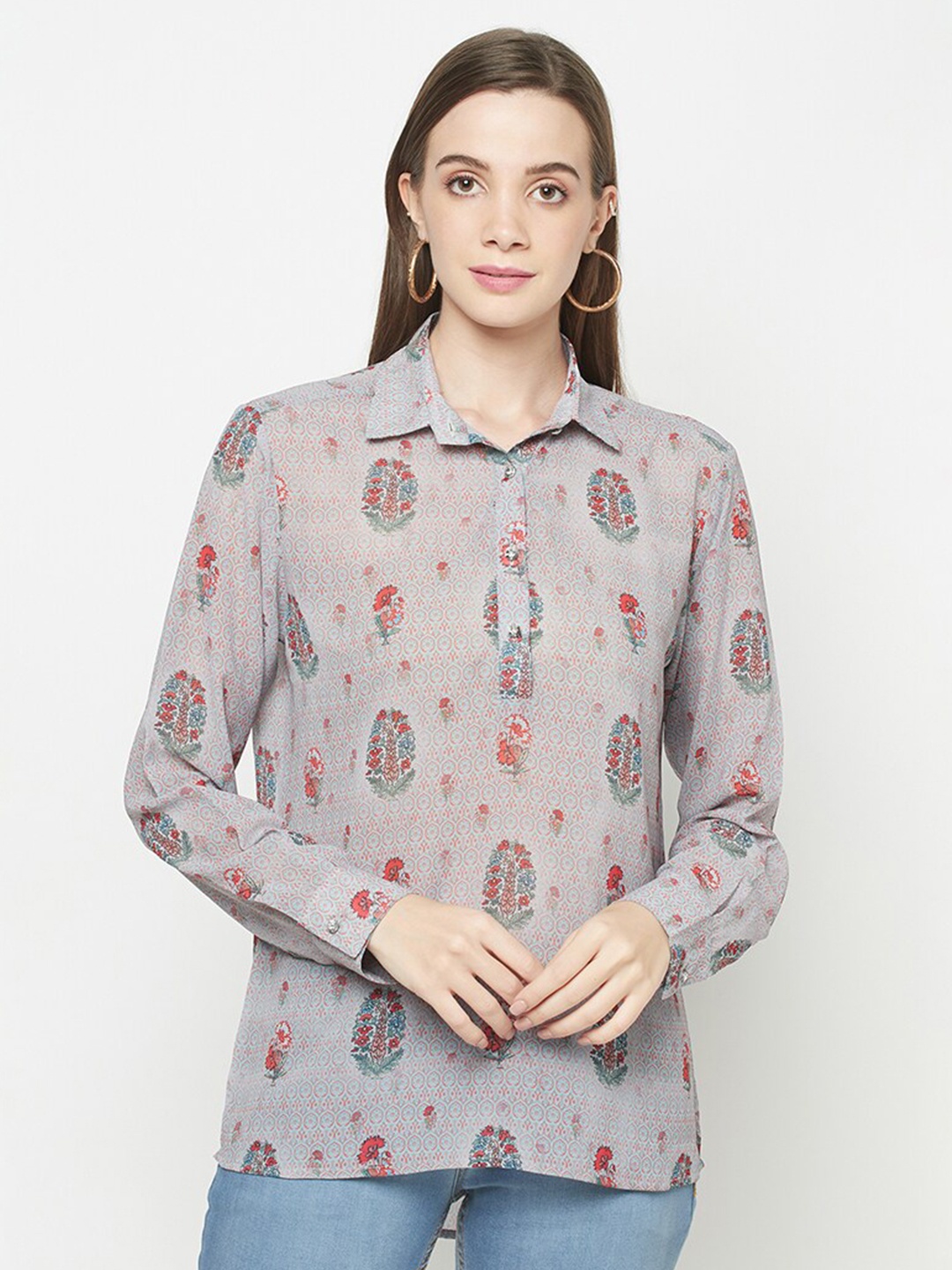 

Safaa Grey & Pink Print Georgette Shirt Style Top