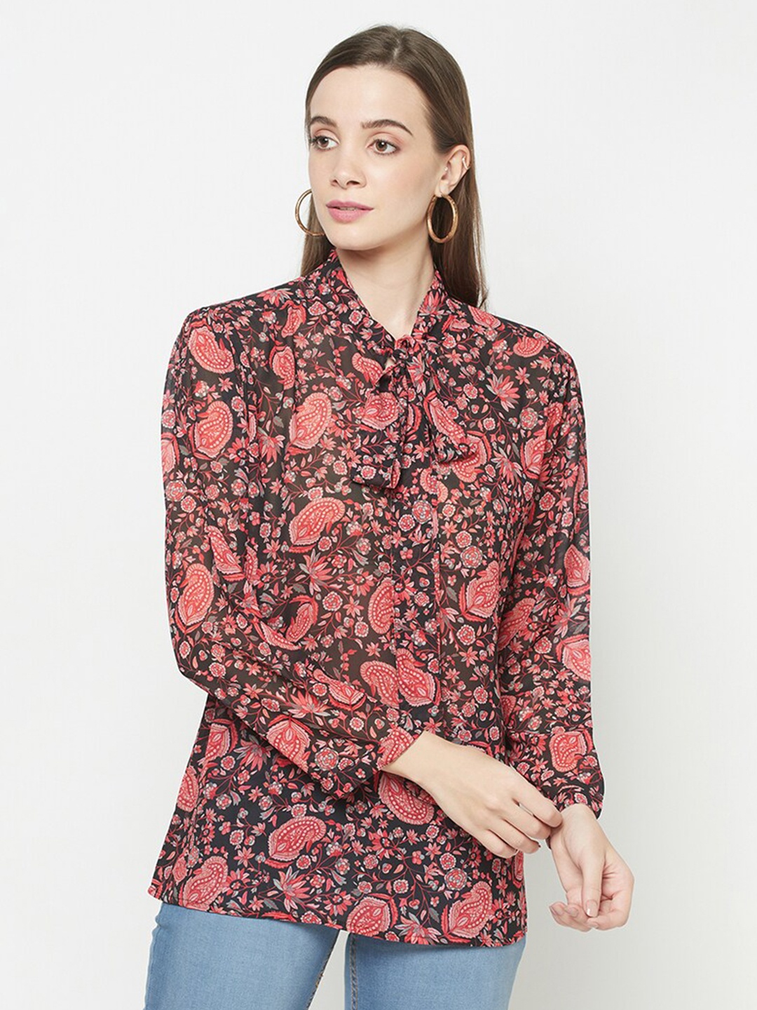 

Safaa Black & Red Floral Print Tie-Up Neck Georgette Top