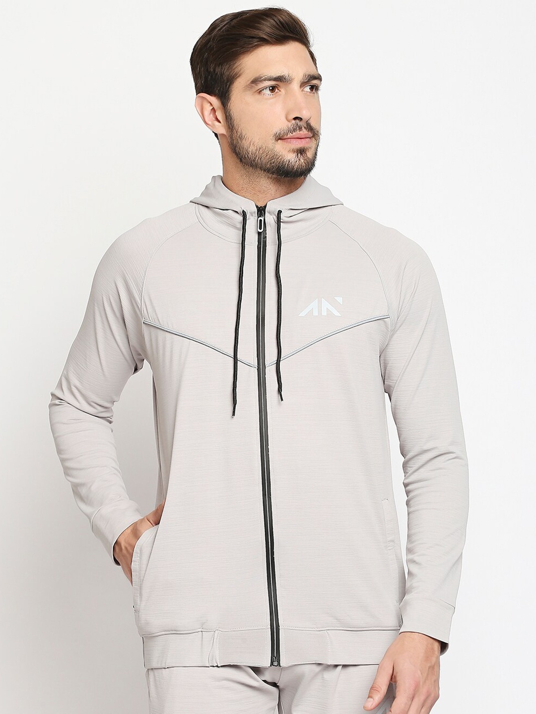 

AESTHETIC NATION Men Grey Solid Zip Detail Hooded Sweatshirt