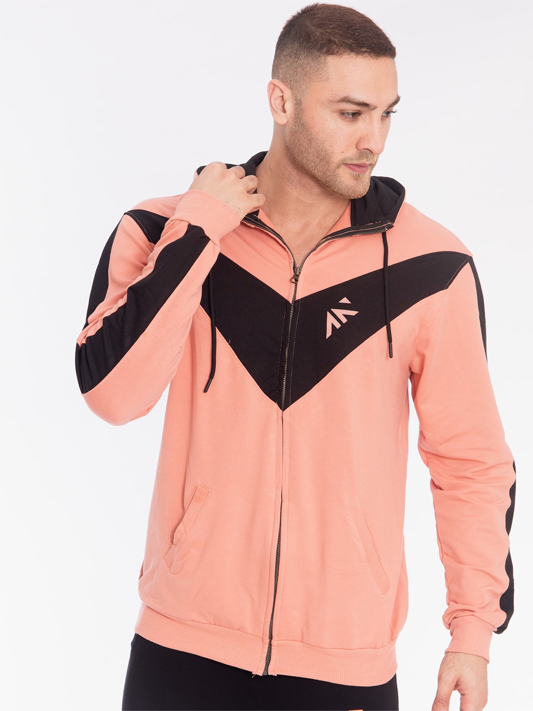 

AESTHETIC NATION Men Peach-Coloured Colourblocked Hooded Sweatshirt