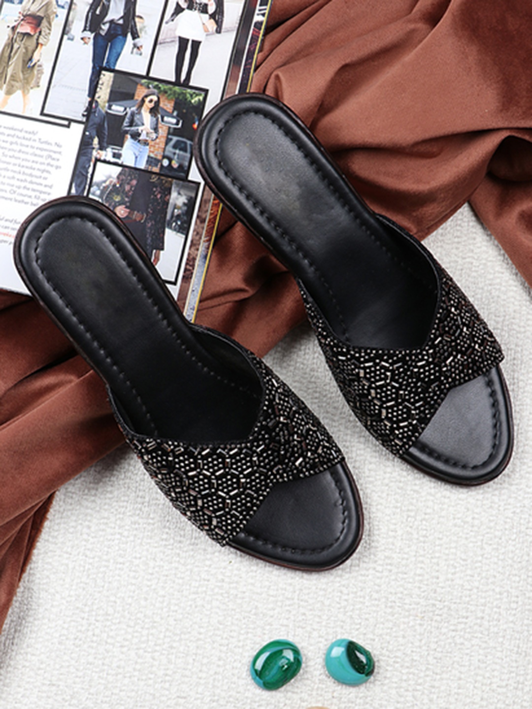 

THE WHITE POLE Black Embellished Block Mules